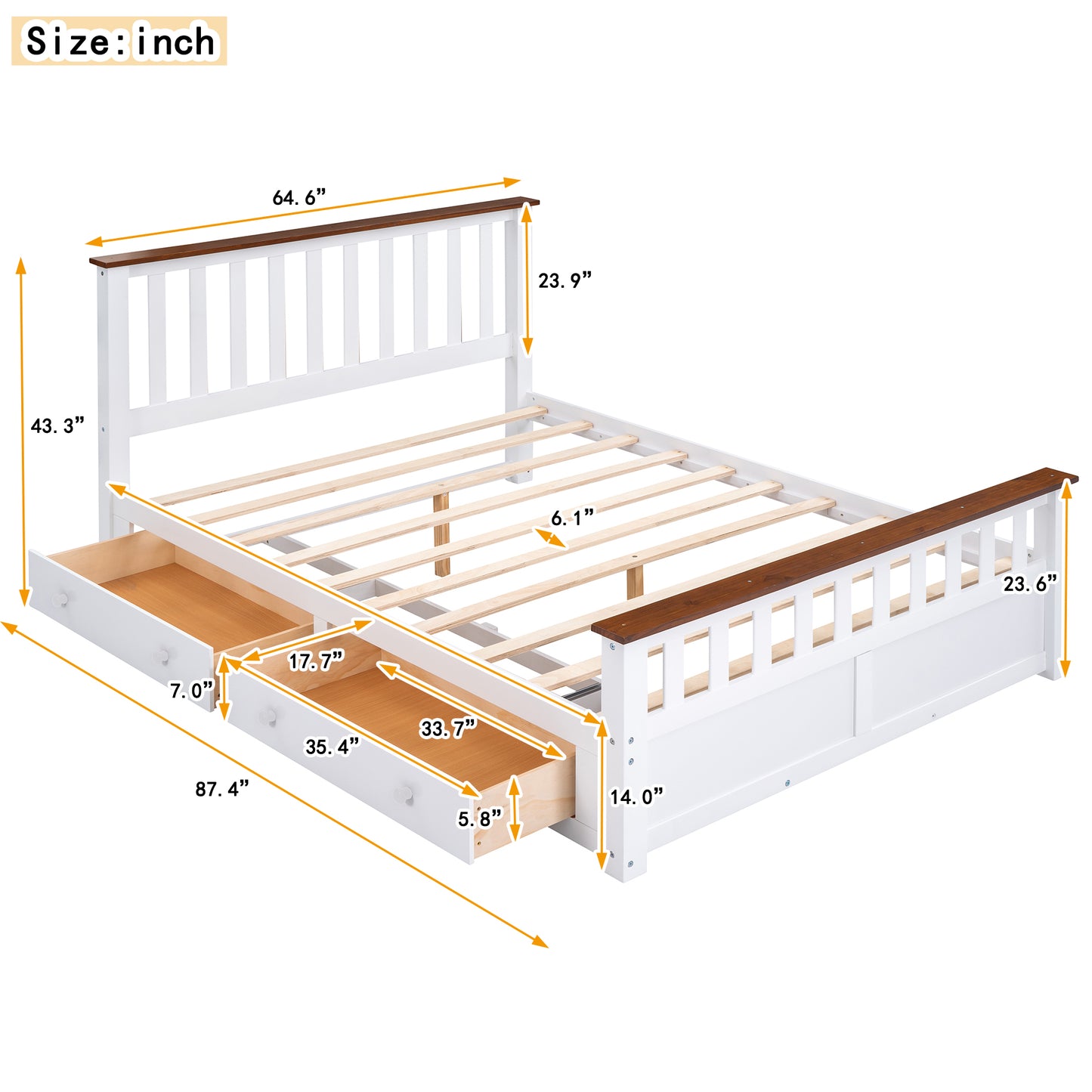 Melysen Queen Size Wood Platform Bed with Two Drawers and Wooden Slat Support,White+walnut