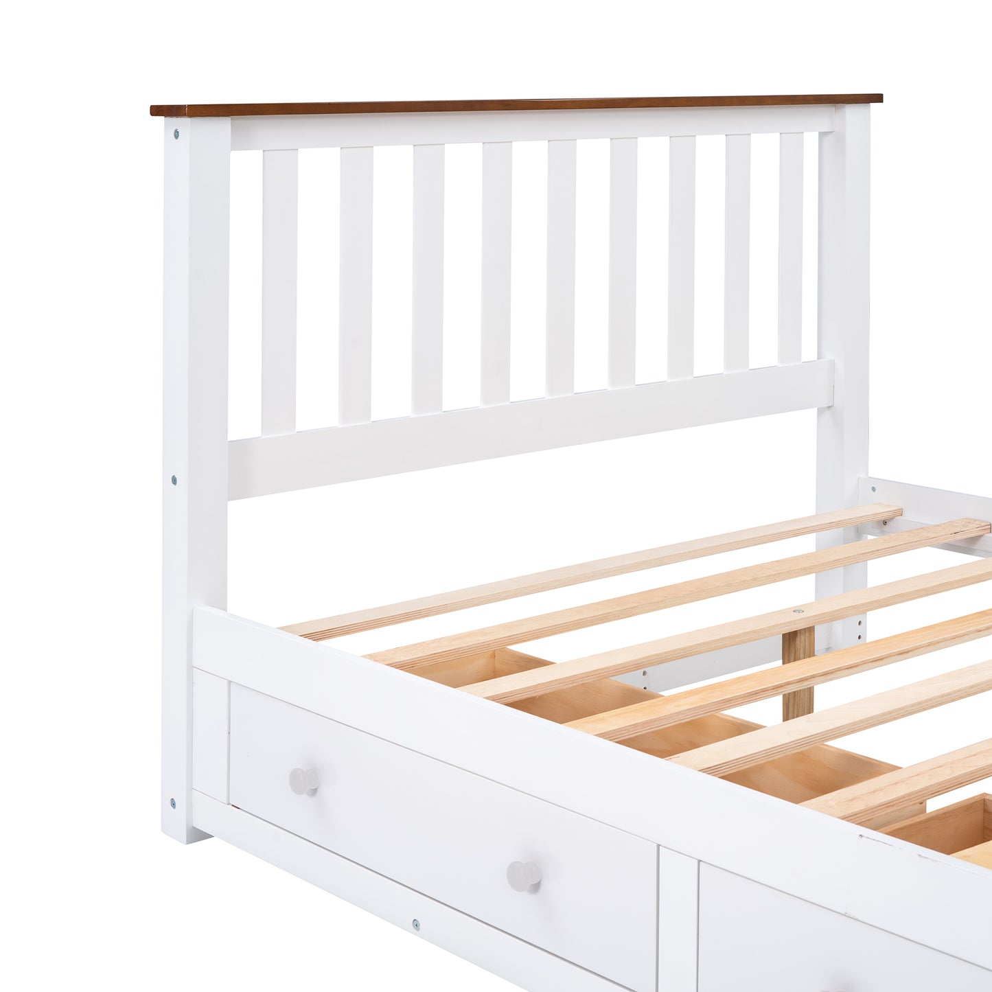 Melysen Full Size Wood Platform Bed with Two Drawers and Wooden Slat Support,White+walnut