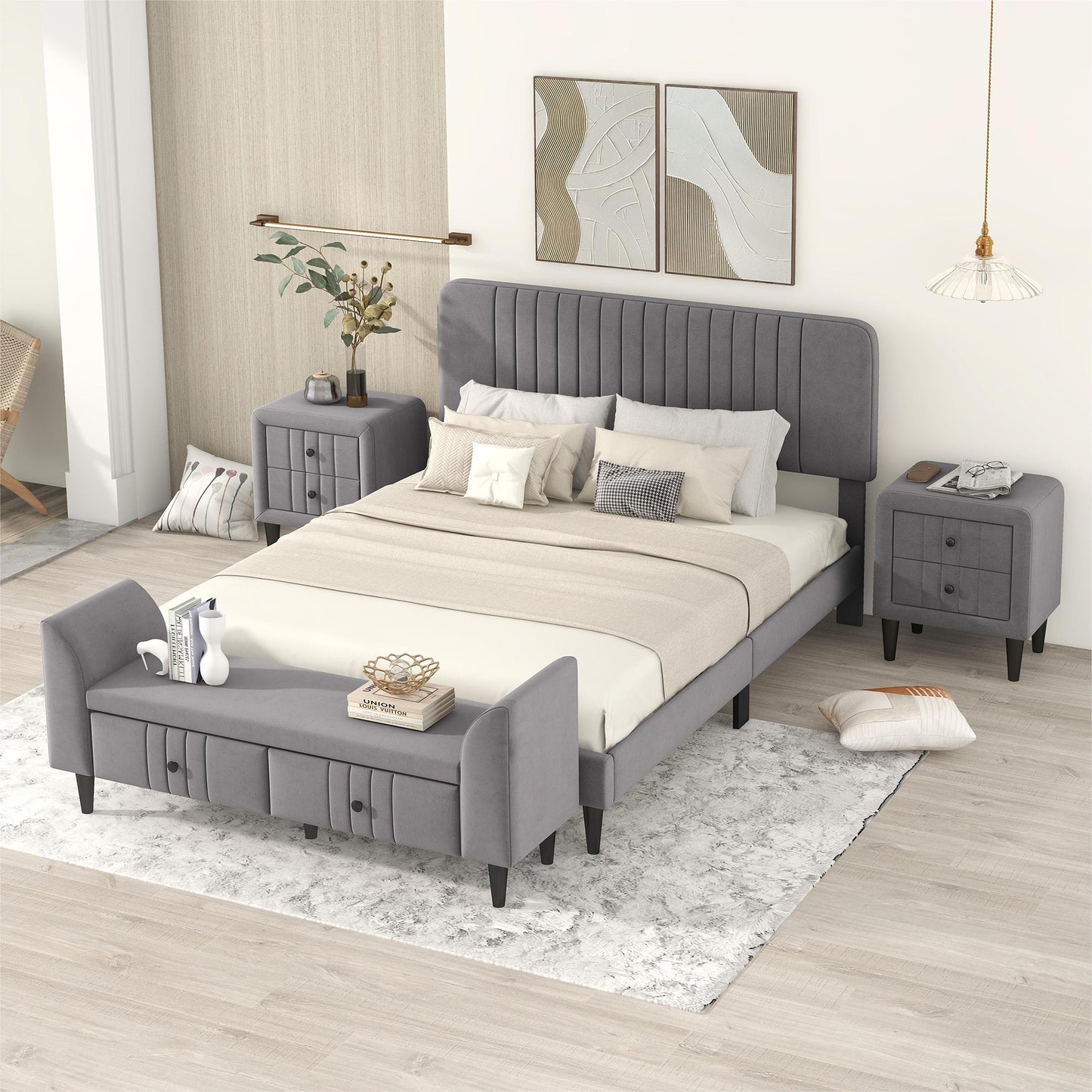 Melysen 4-Pieces Bedroom Sets Queen Size Upholstered Platform Bed with Two Nightstands and Storage Bench-Gray