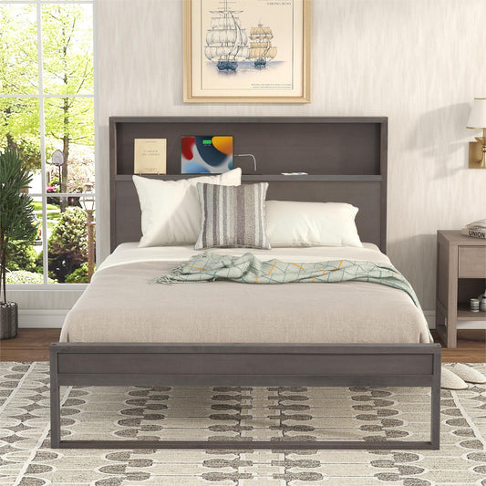 Melysen Platform Bed with Storage Headboard,Sockets and USB Ports,Full Size Platform Bed