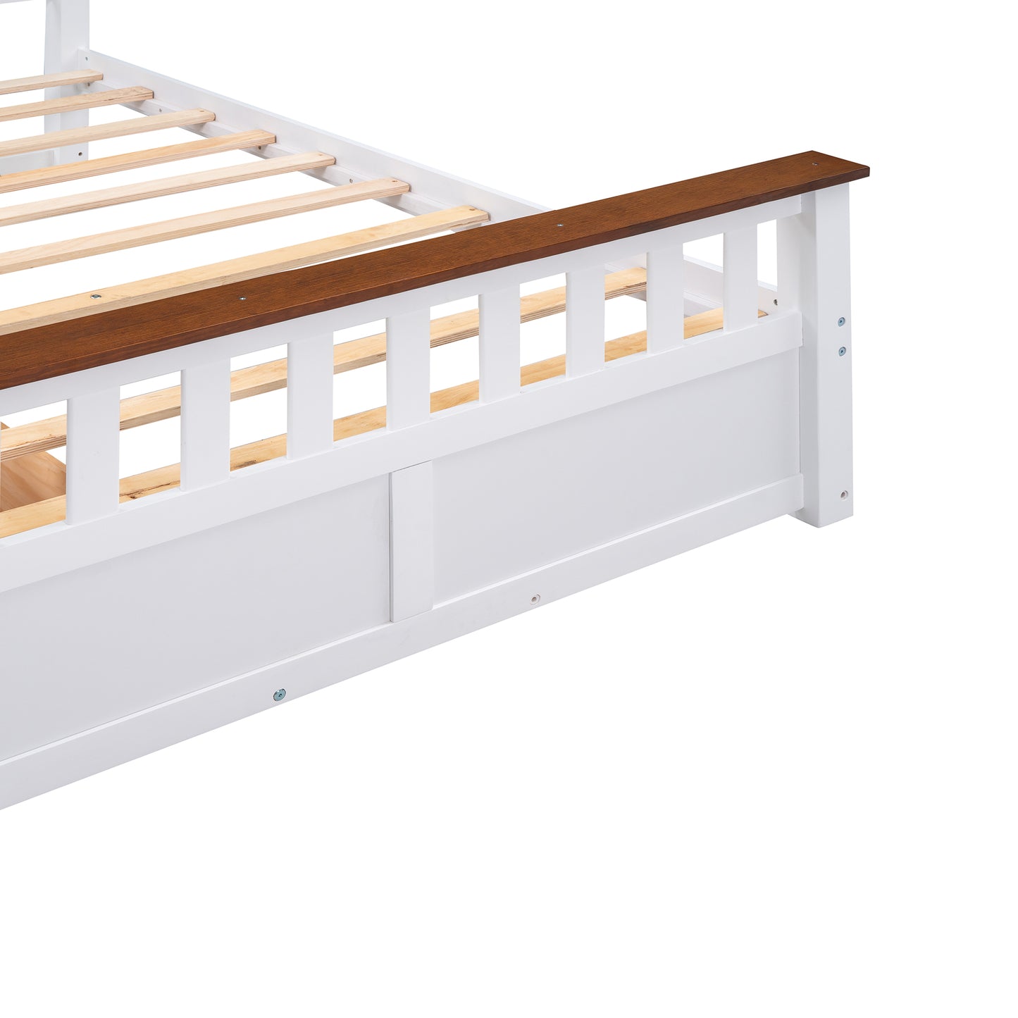 Melysen Full Size Wood Platform Bed with Two Drawers and Wooden Slat Support,White+walnut