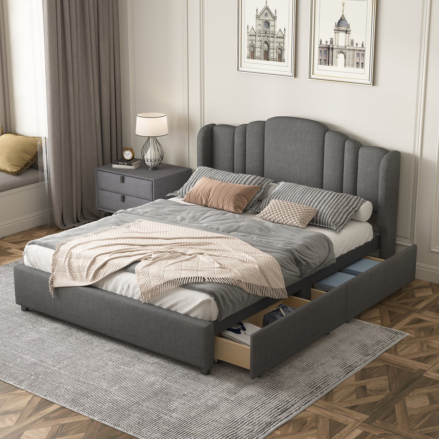 Melysen Upholstered Platform Bed with Wingback Headboard and 4 Drawers, No Box Spring Needed, Linen Fabric, Queen Size Gray