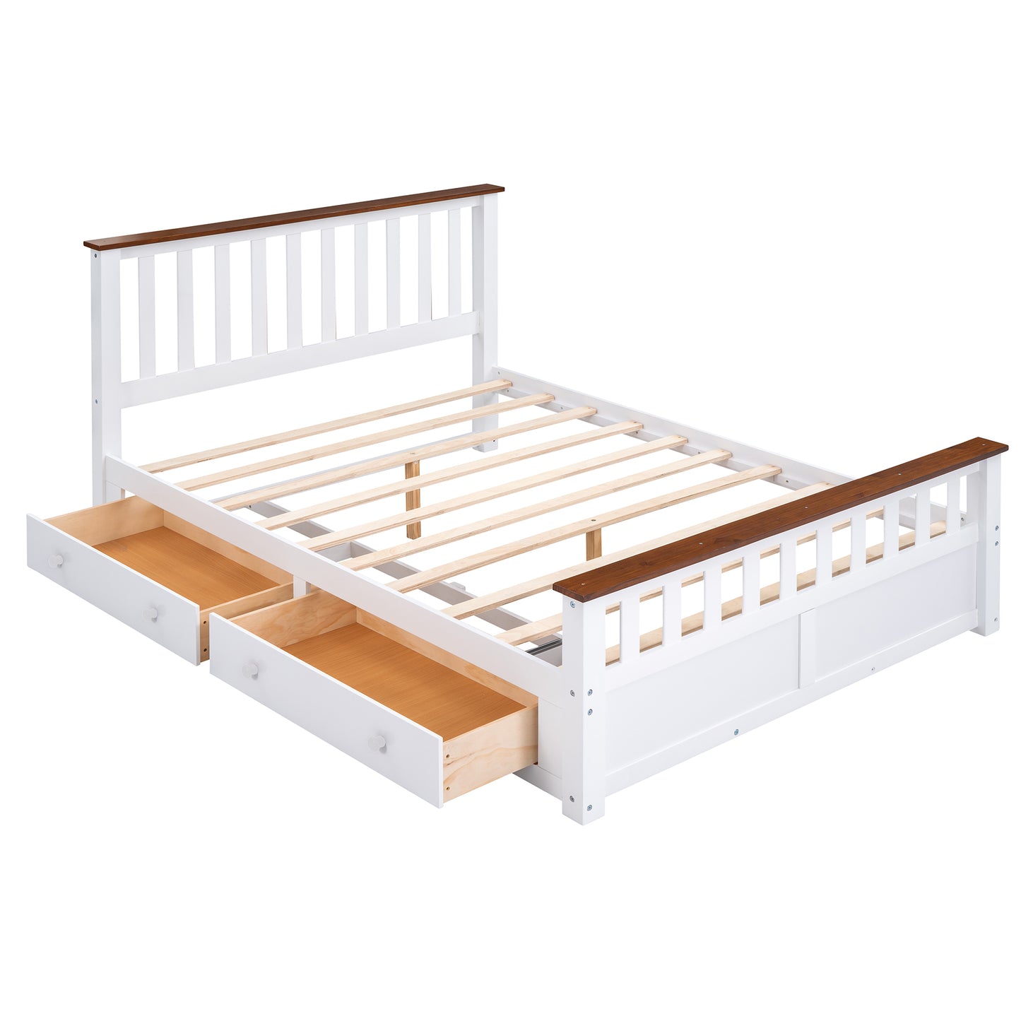 Melysen Queen Size Wood Platform Bed with Two Drawers and Wooden Slat Support,White+walnut