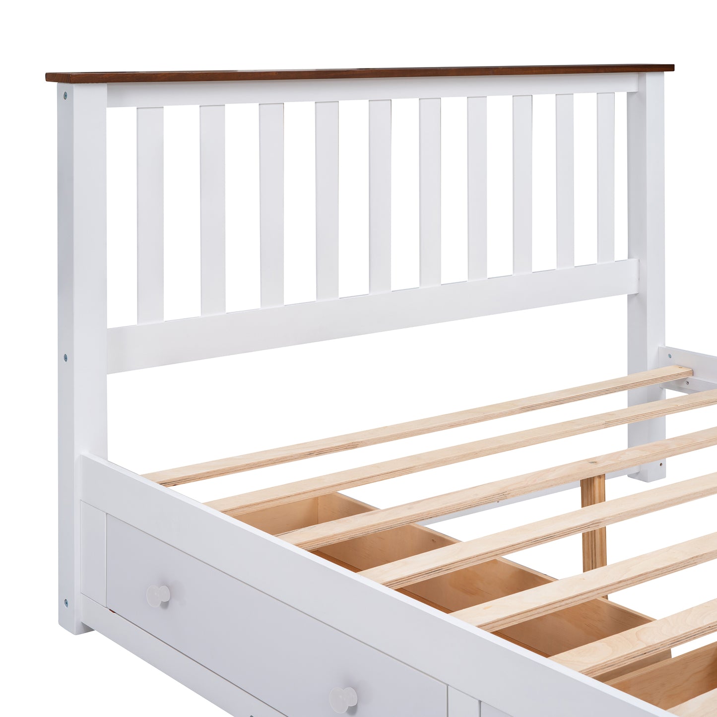 Melysen Queen Size Wood Platform Bed with Two Drawers and Wooden Slat Support,White+walnut