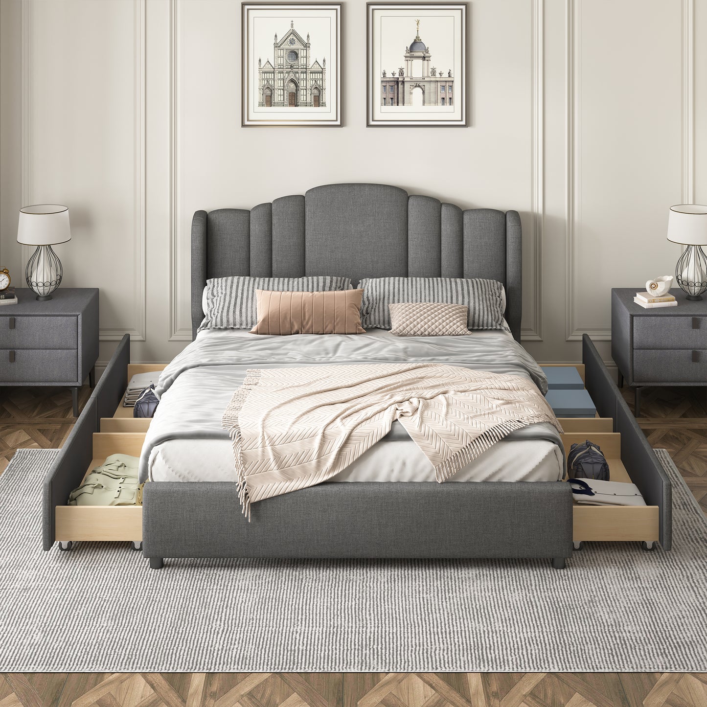 Melysen Upholstered Platform Bed with Wingback Headboard and 4 Drawers, No Box Spring Needed, Linen Fabric, Queen Size Gray