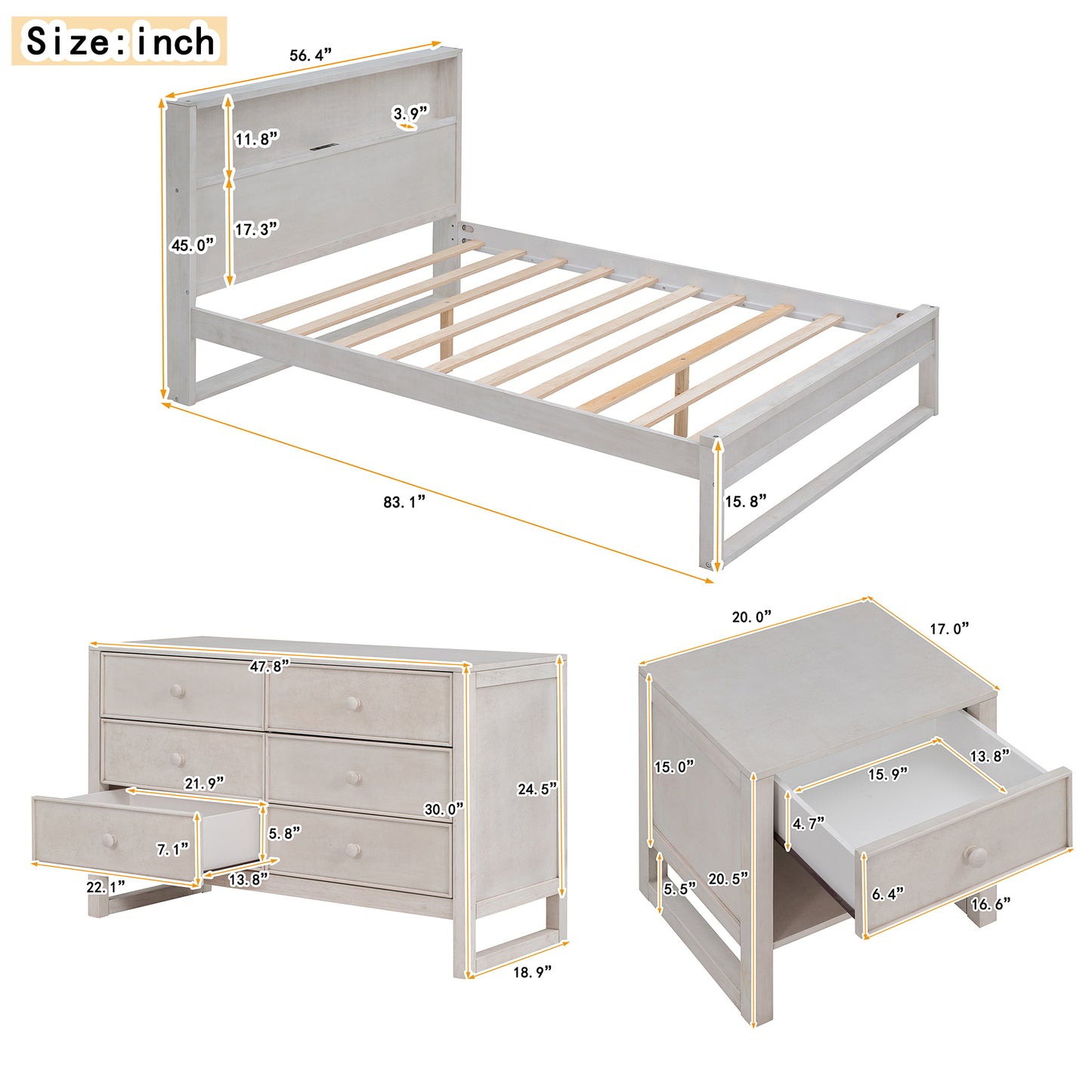 Melysen 3-Pieces Bedroom Sets Full Size Platform Bed with Nightstand and Dresser,Antique White