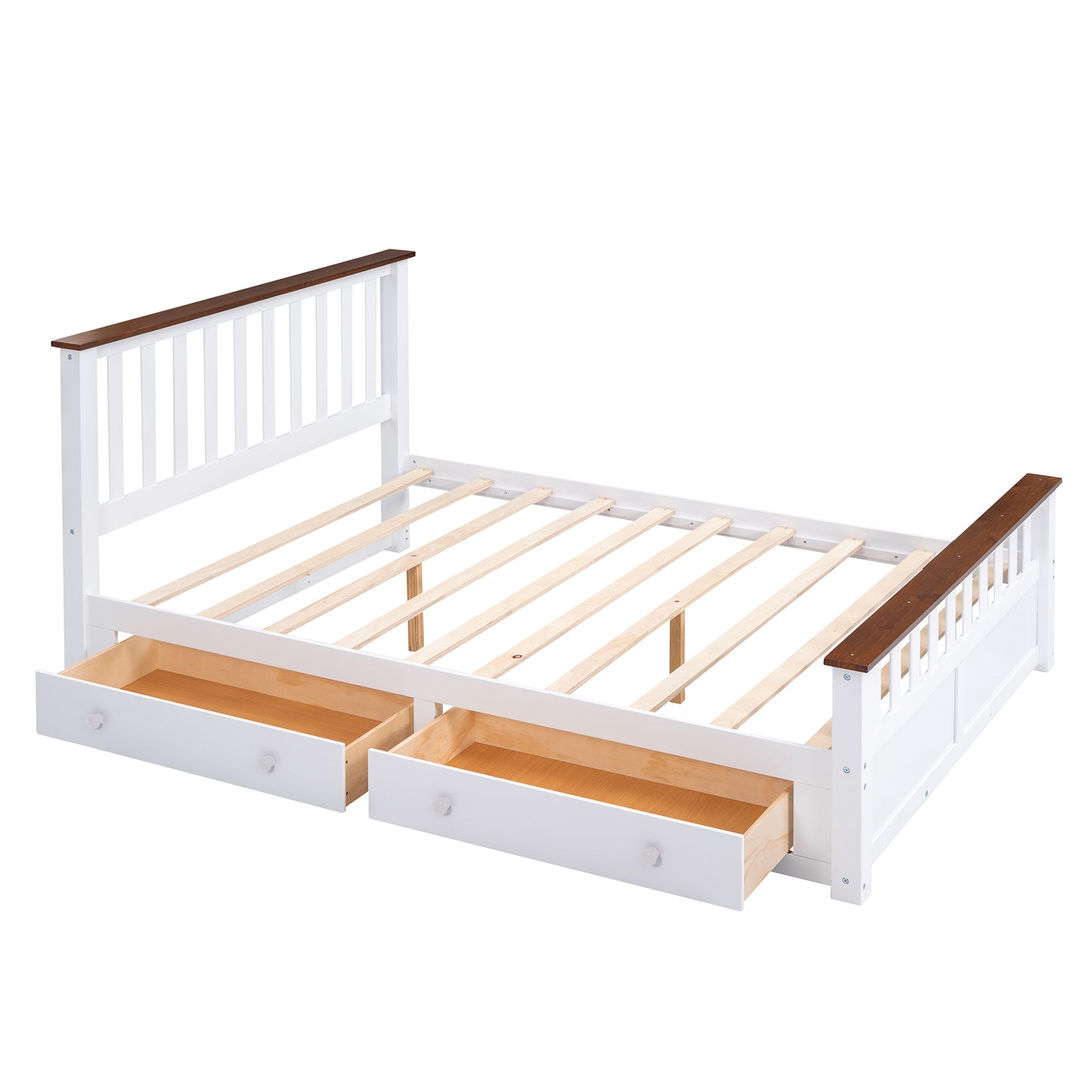 Melysen Queen Size Wood Platform Bed with Two Drawers and Wooden Slat Support,White+walnut