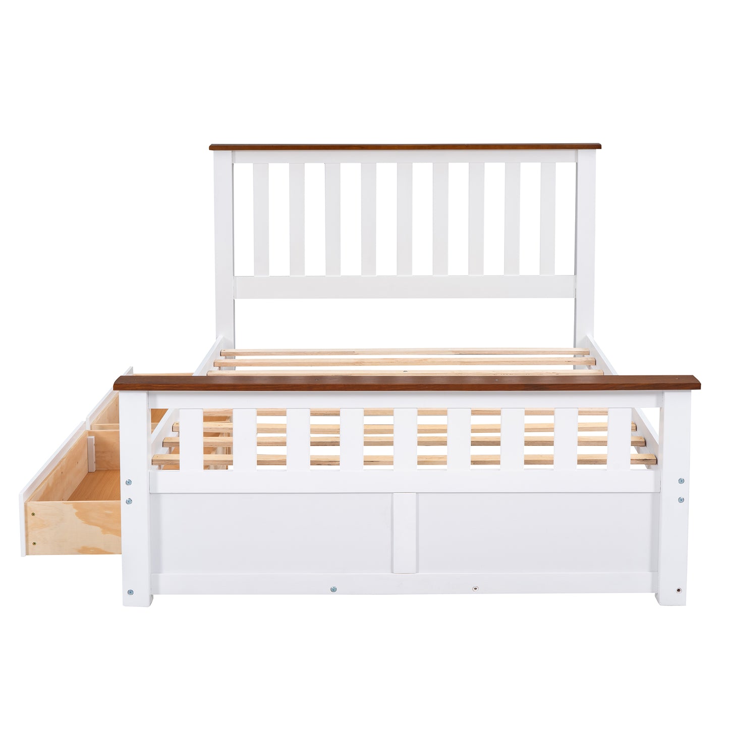 Melysen Full Size Wood Platform Bed with Two Drawers and Wooden Slat Support,White+walnut