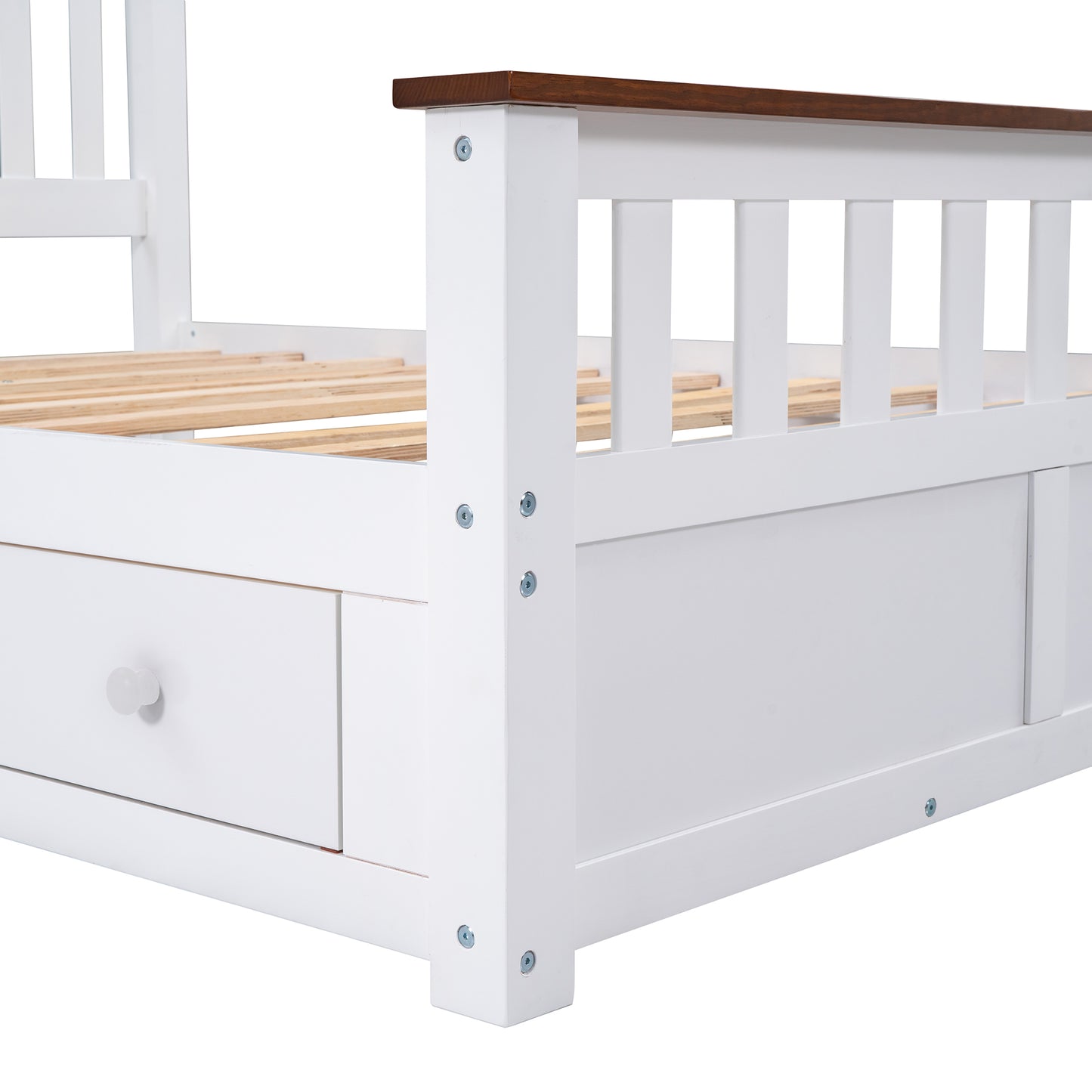 Melysen Full Size Wood Platform Bed with Two Drawers and Wooden Slat Support,White+walnut