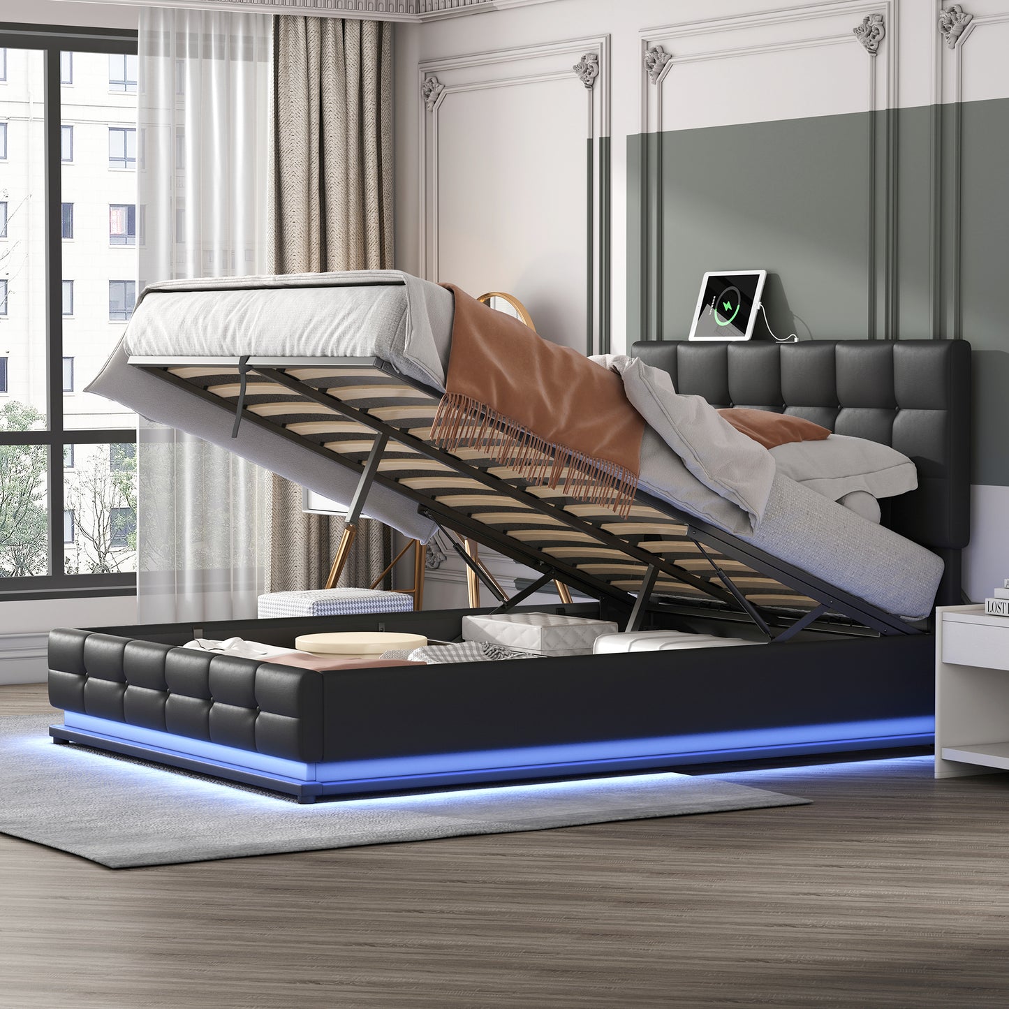 Melysen Tufted Upholstered Platform Bed with Hydraulic Storage System,Queen Size PU Storage Bed with LED Lights and USB charger