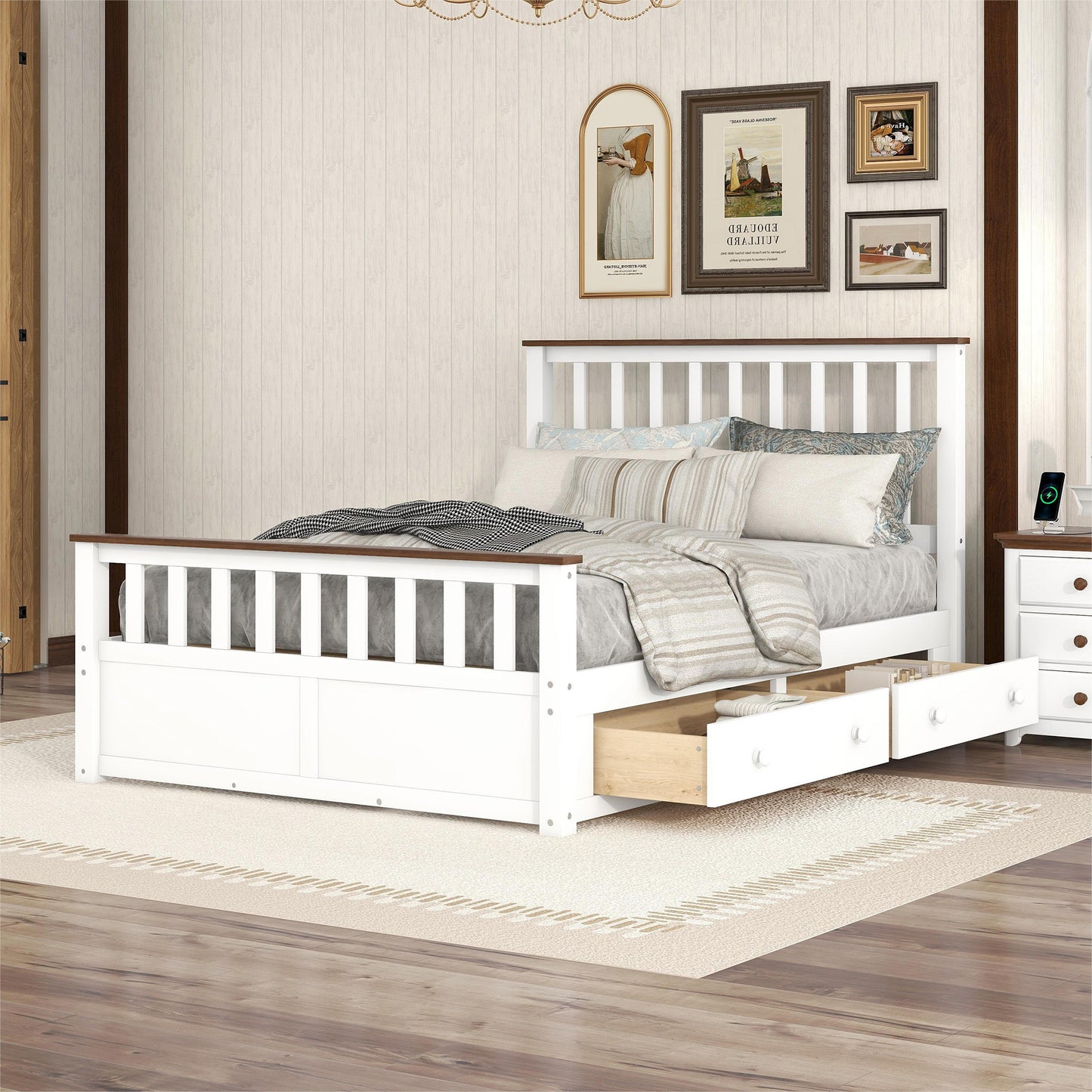 Melysen Full Size Wood Platform Bed with Two Drawers and Wooden Slat Support,White+walnut