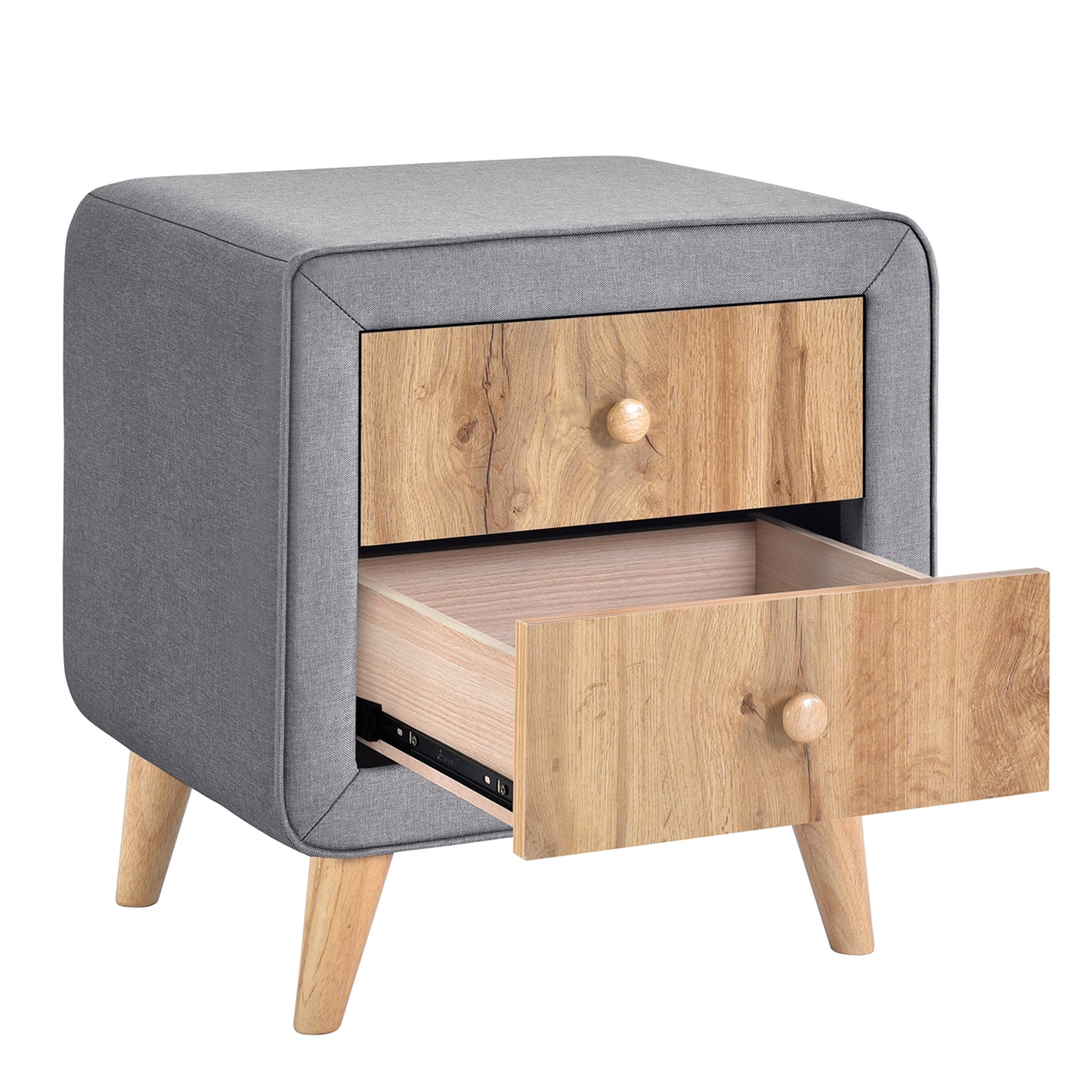 Melysen Upholstered Wooden Nightstand with 2 Drawers,Fully Assembled Except Legs and Handles,Bedside Table with Rubber Wood Leg