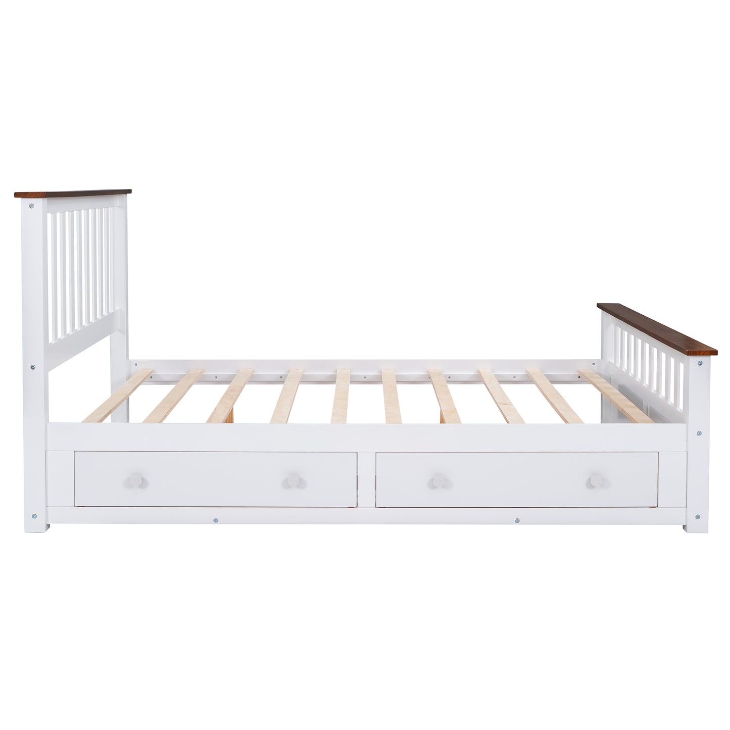 Melysen Queen Size Wood Platform Bed with Two Drawers and Wooden Slat Support,White+walnut