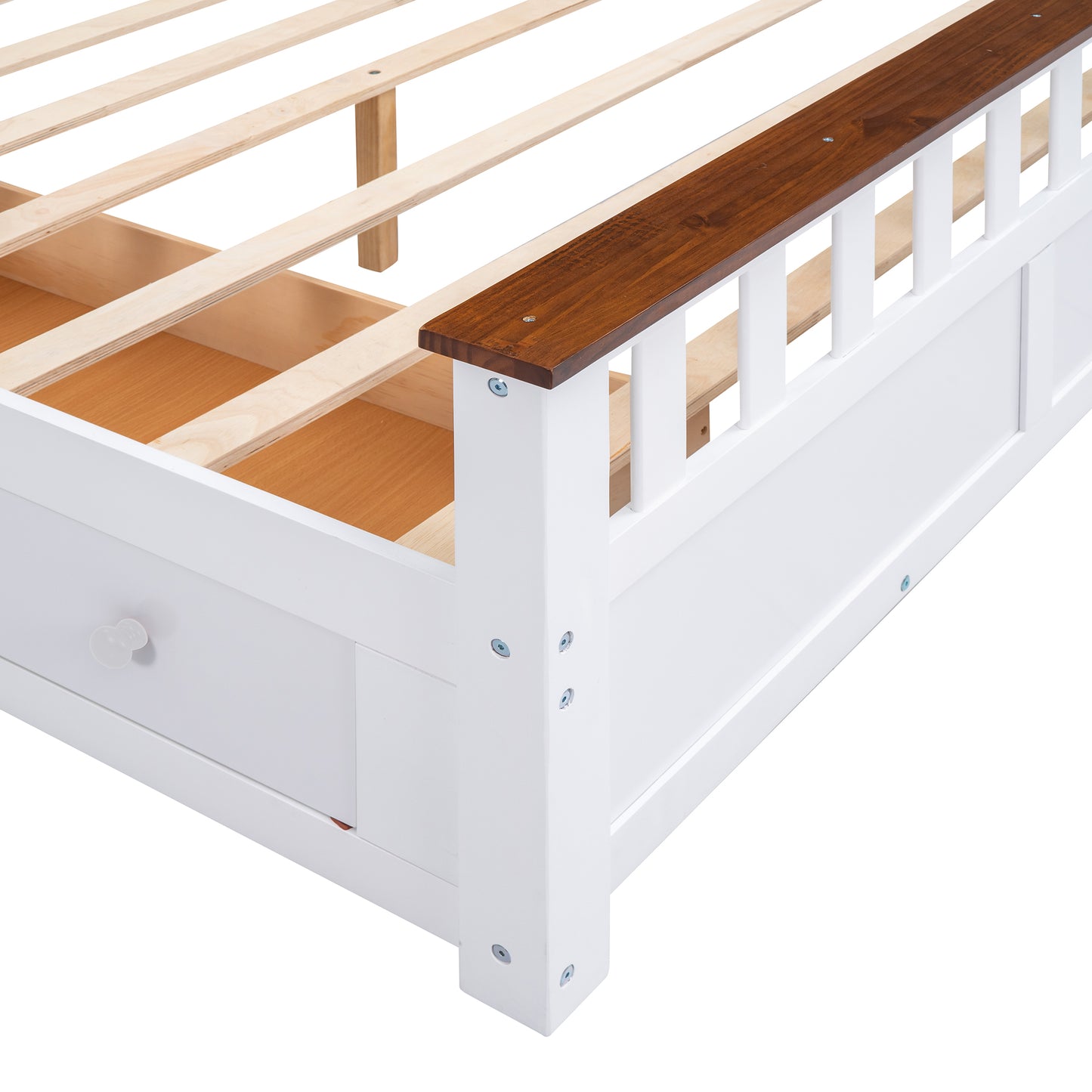 Melysen Queen Size Wood Platform Bed with Two Drawers and Wooden Slat Support,White+walnut