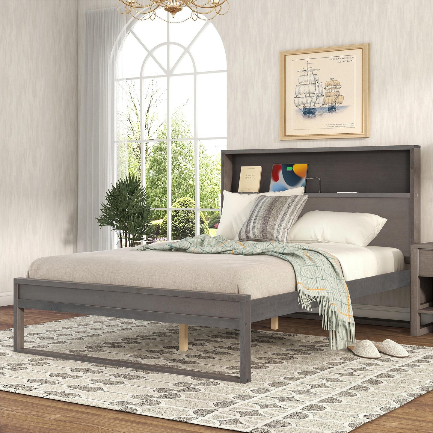 Melysen Platform Bed with Storage Headboard,Sockets and USB Ports,Full Size Platform Bed