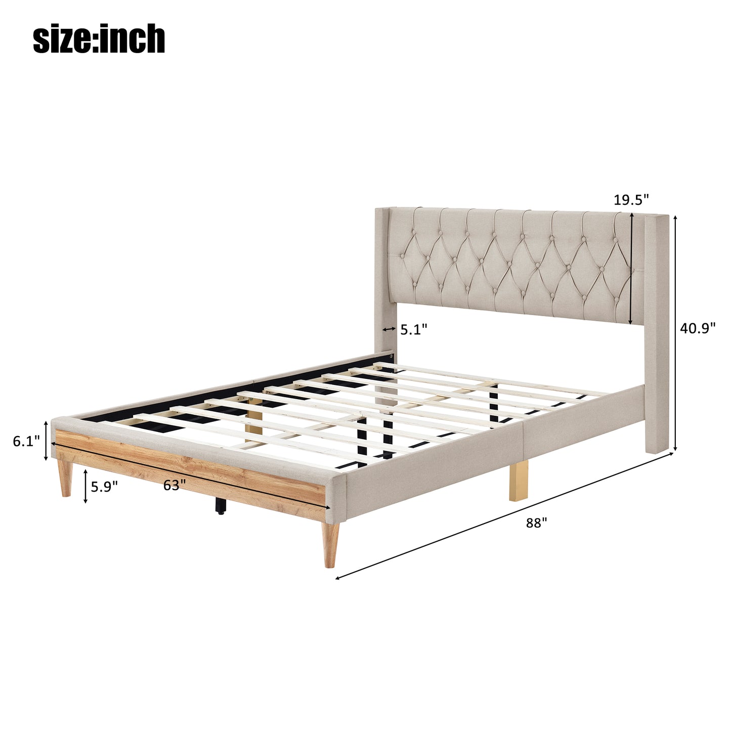 Melysen Upholstered Platform Bed with Rubber Wood Legs,No Box Spring Needed, Linen Fabric,Queen Size