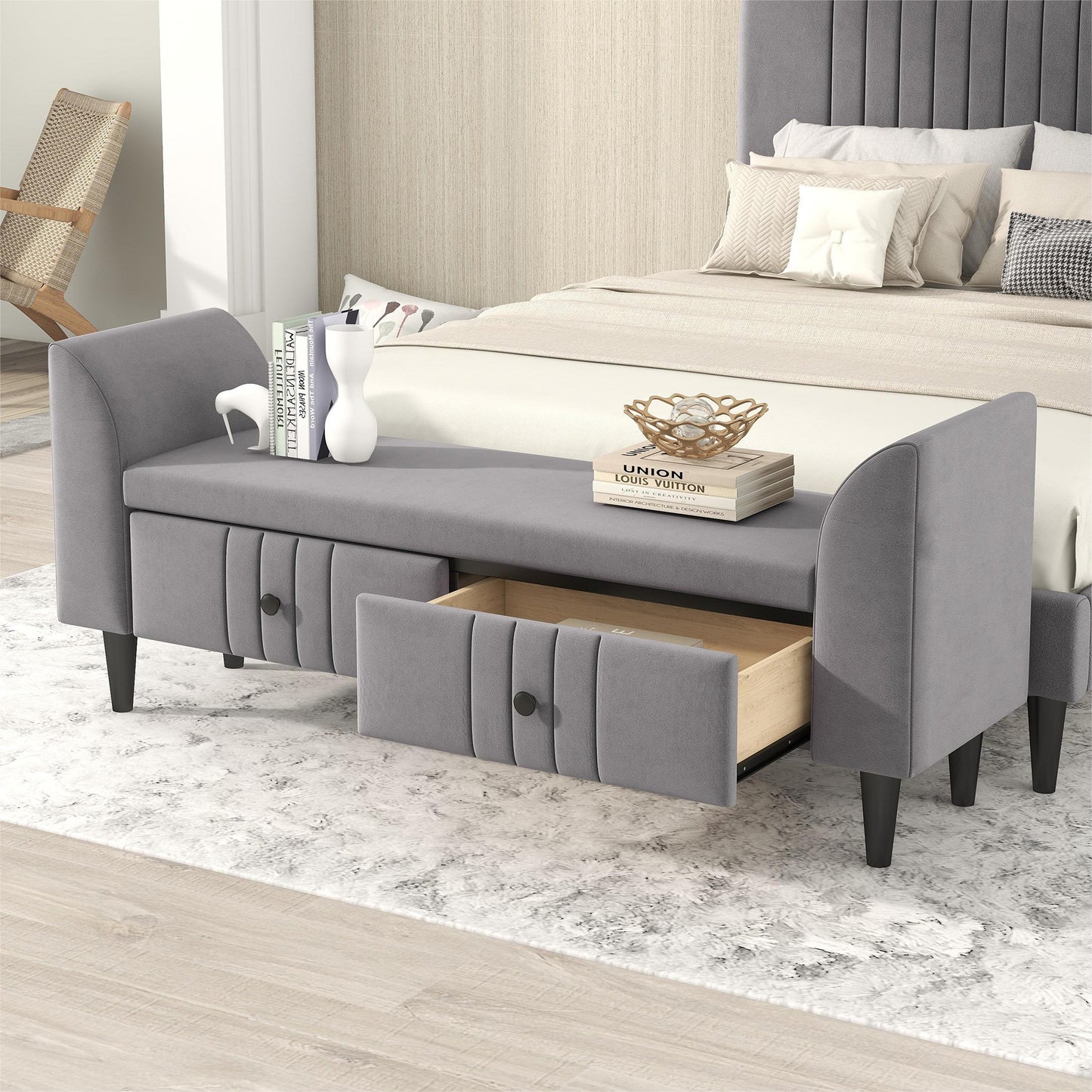 Melysen Upholstered Wooden Storage Ottoman Bench with 2 Drawers For Bedroom,Fully Assembled Except Legs and Handles