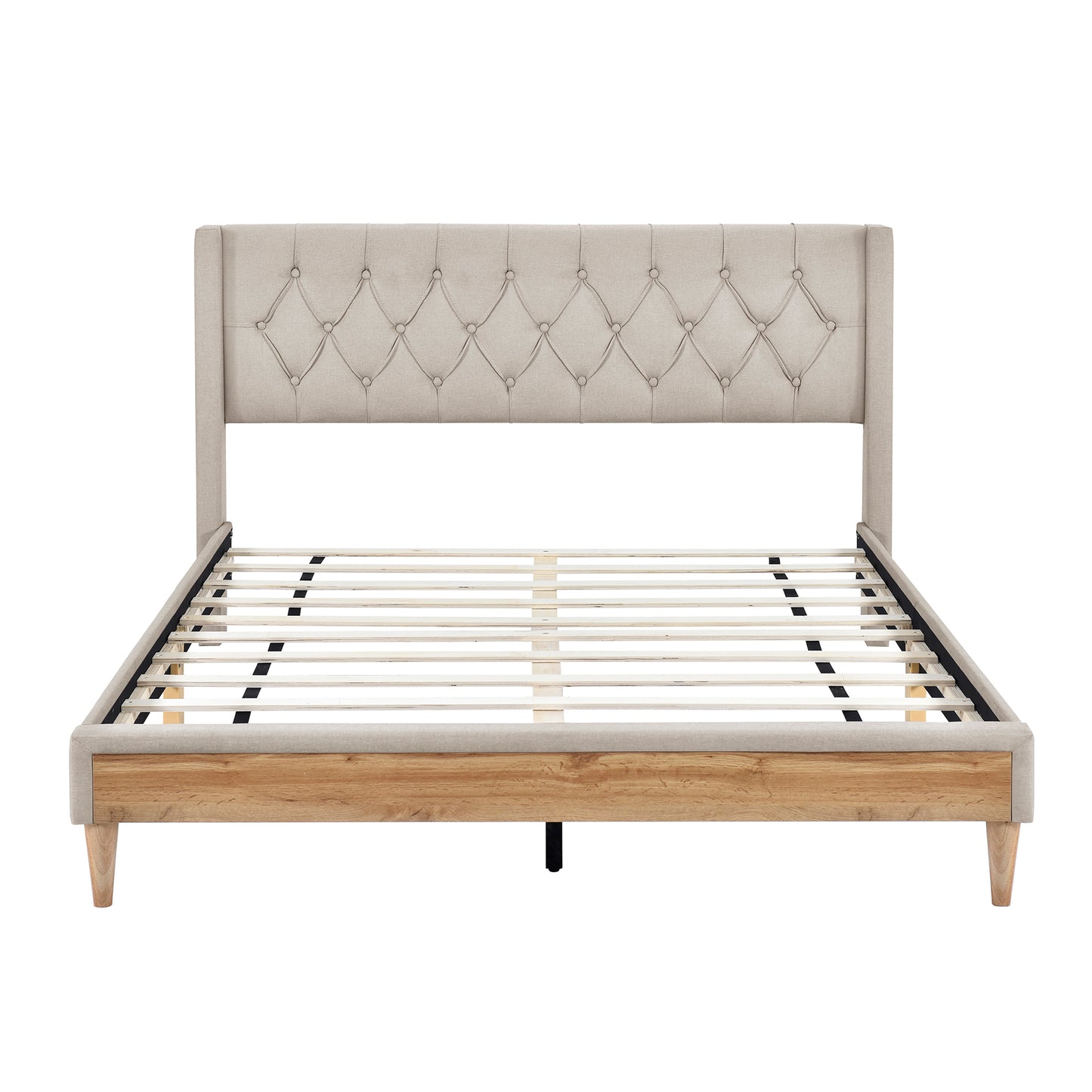 Melysen Upholstered Platform Bed with Rubber Wood Legs,No Box Spring Needed, Linen Fabric,Queen Size