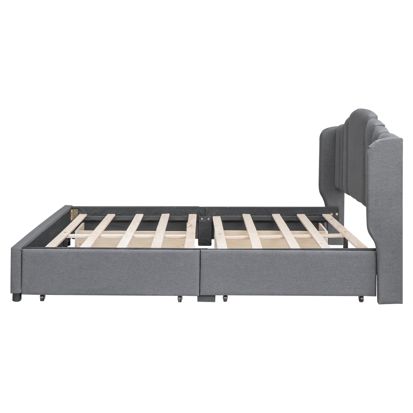 Melysen Upholstered Platform Bed with Wingback Headboard and 4 Drawers, No Box Spring Needed, Linen Fabric, Queen Size Gray