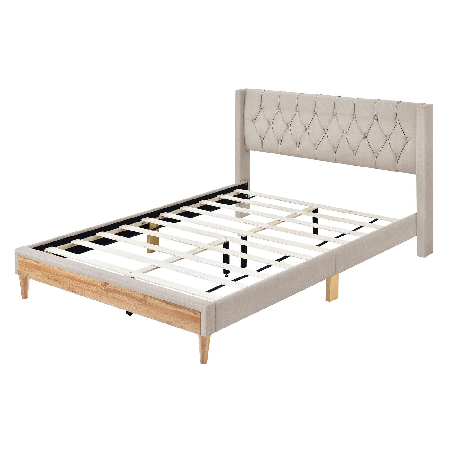 Melysen Upholstered Platform Bed with Rubber Wood Legs,No Box Spring Needed, Linen Fabric,Queen Size