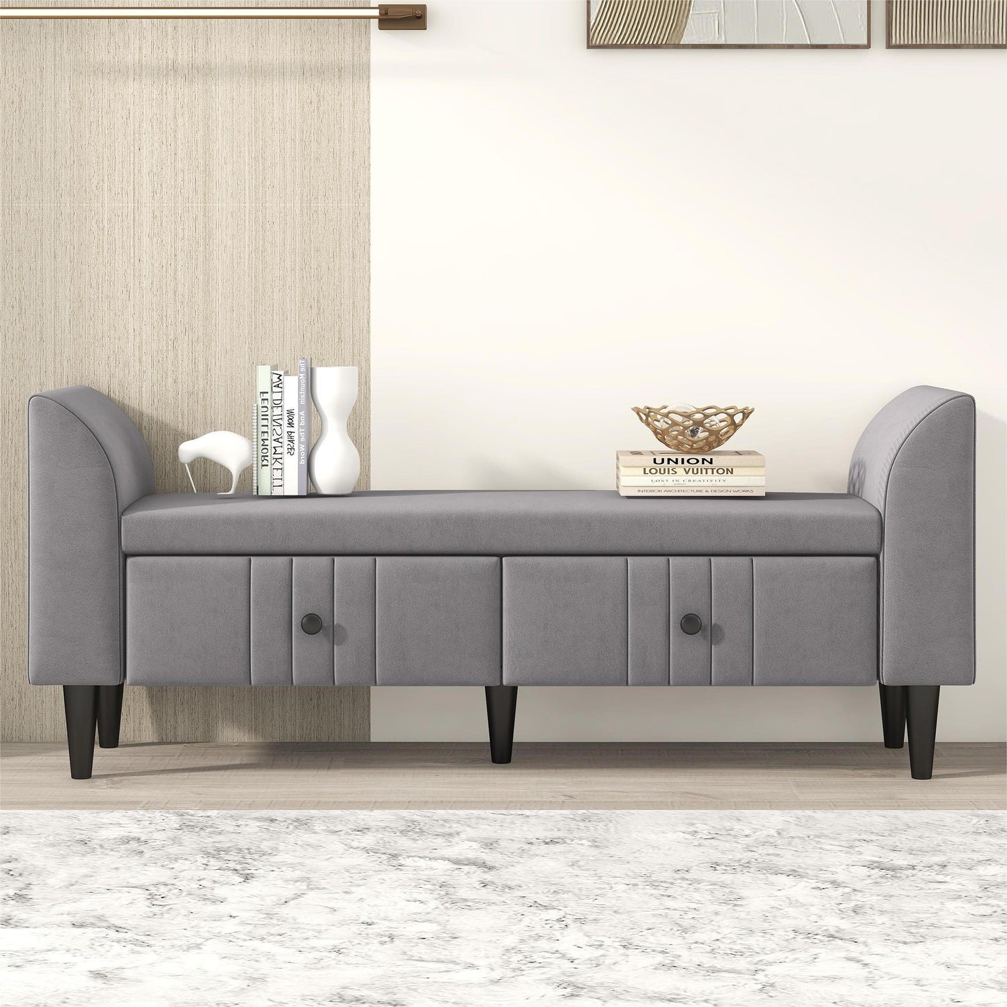 Melysen Upholstered Wooden Storage Ottoman Bench with 2 Drawers For Bedroom,Fully Assembled Except Legs and Handles