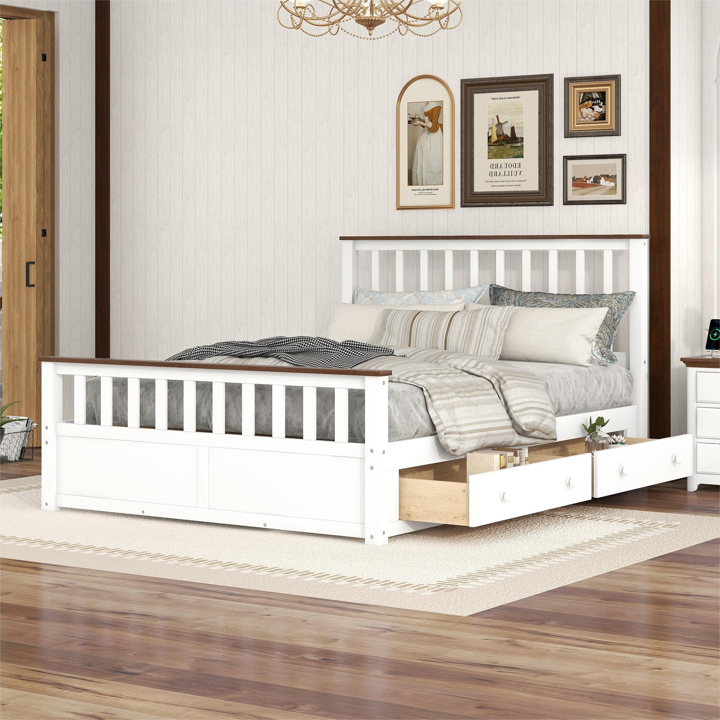 Melysen Queen Size Wood Platform Bed with Two Drawers and Wooden Slat Support,White+walnut