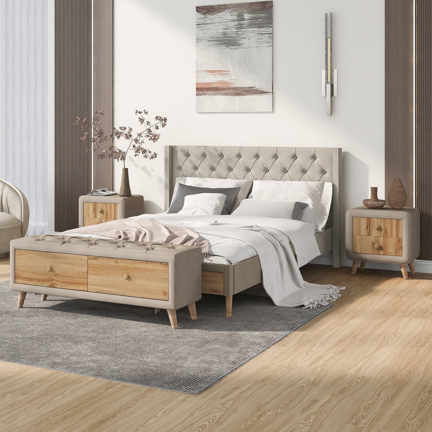 Melysen 4-Pieces Bedroom Sets Queen Size Upholstered Platform Bed with Two Nightstands and Storage Bench