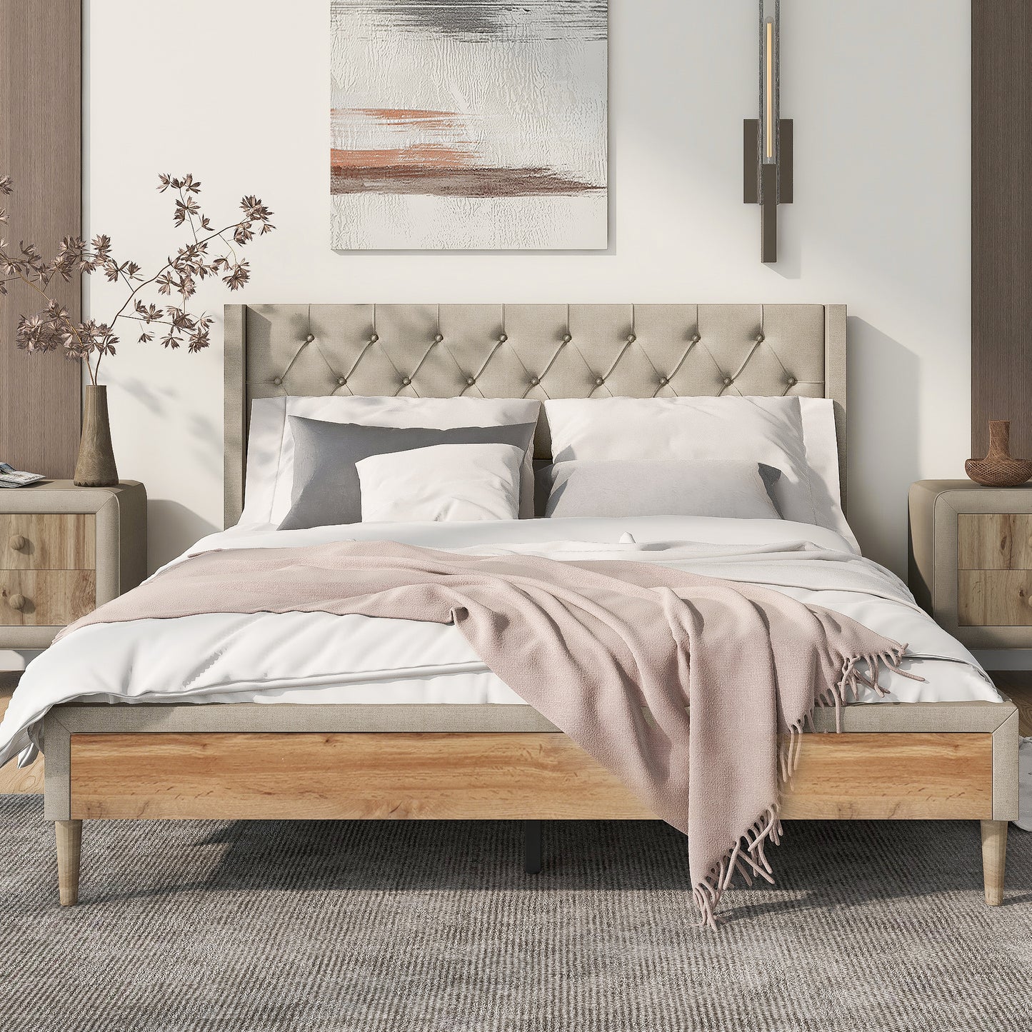 Melysen Upholstered Platform Bed with Rubber Wood Legs,No Box Spring Needed, Linen Fabric,Queen Size