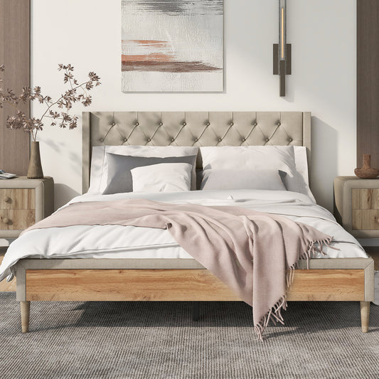 Melysen Upholstered Platform Bed with Rubber Wood Legs,No Box Spring Needed, Linen Fabric,Queen Size