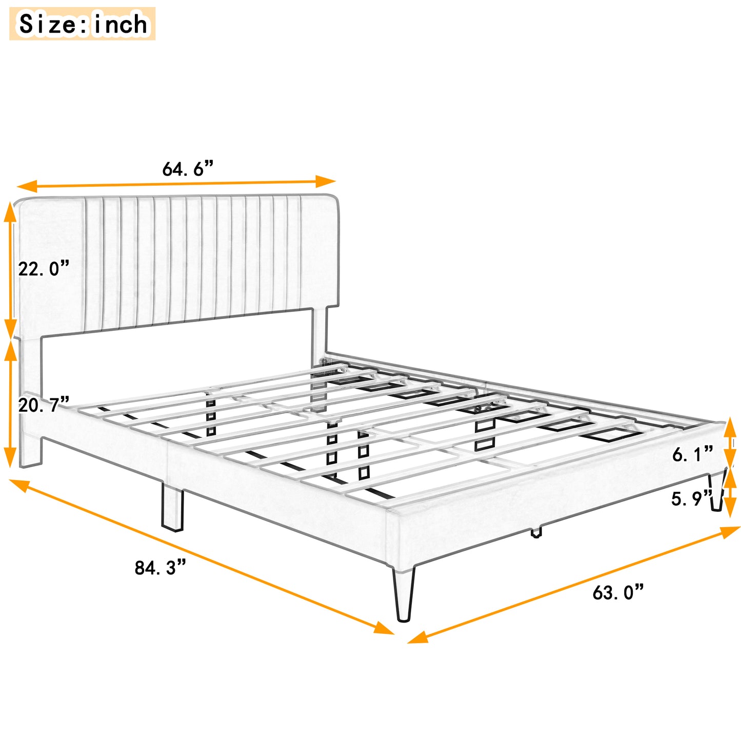 Melysen Queen Size Upholstered Platform Bed,No Box Spring Needed, Velvet Fabric