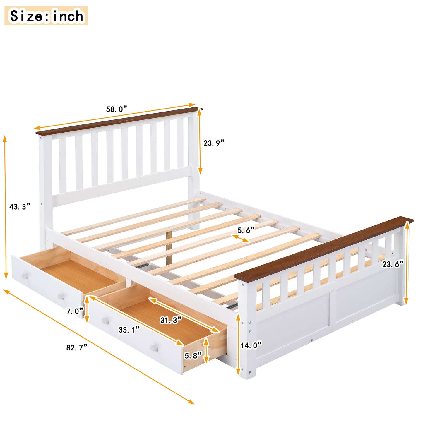 Melysen Full Size Wood Platform Bed with Two Drawers and Wooden Slat Support,White+walnut