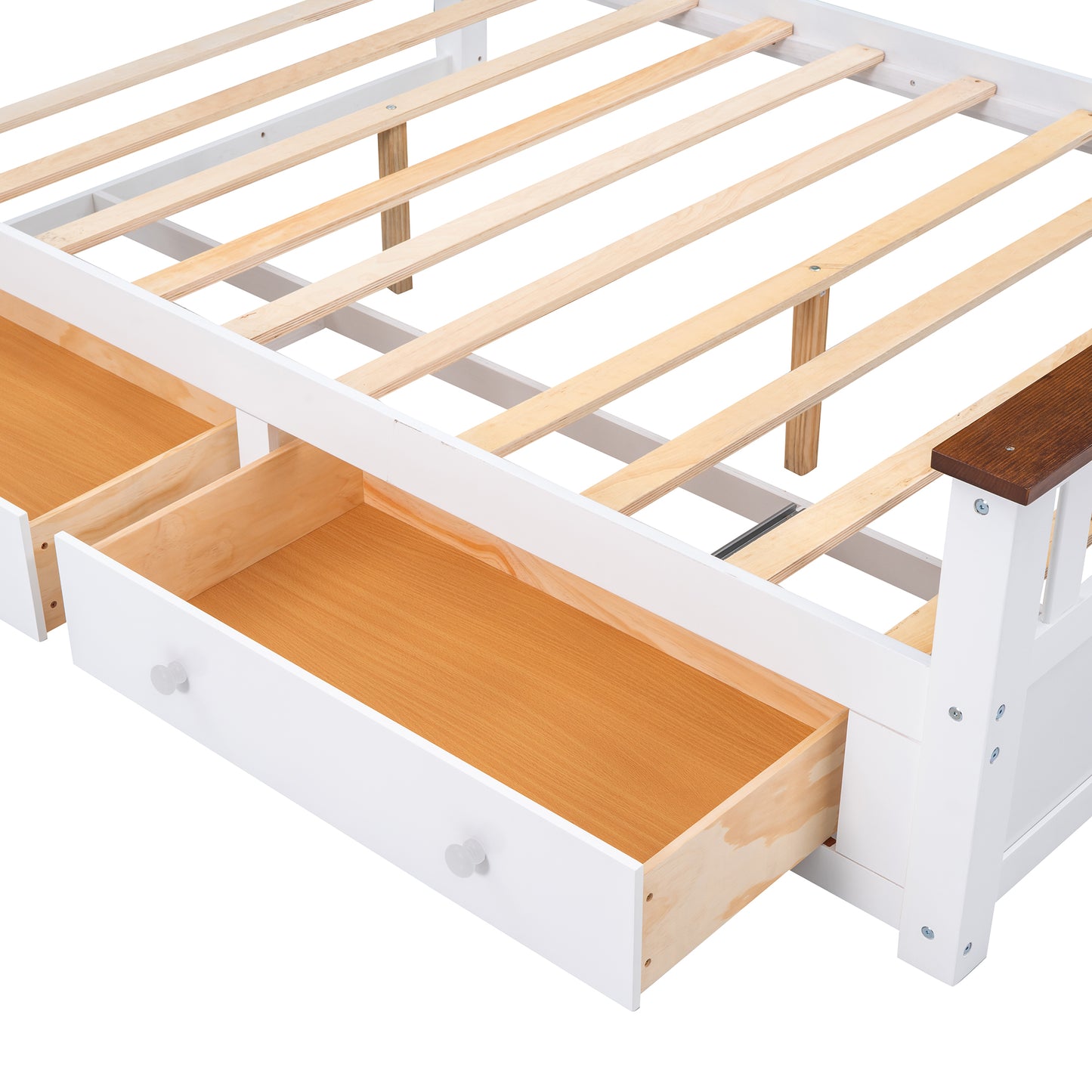 Melysen Full Size Wood Platform Bed with Two Drawers and Wooden Slat Support,White+walnut