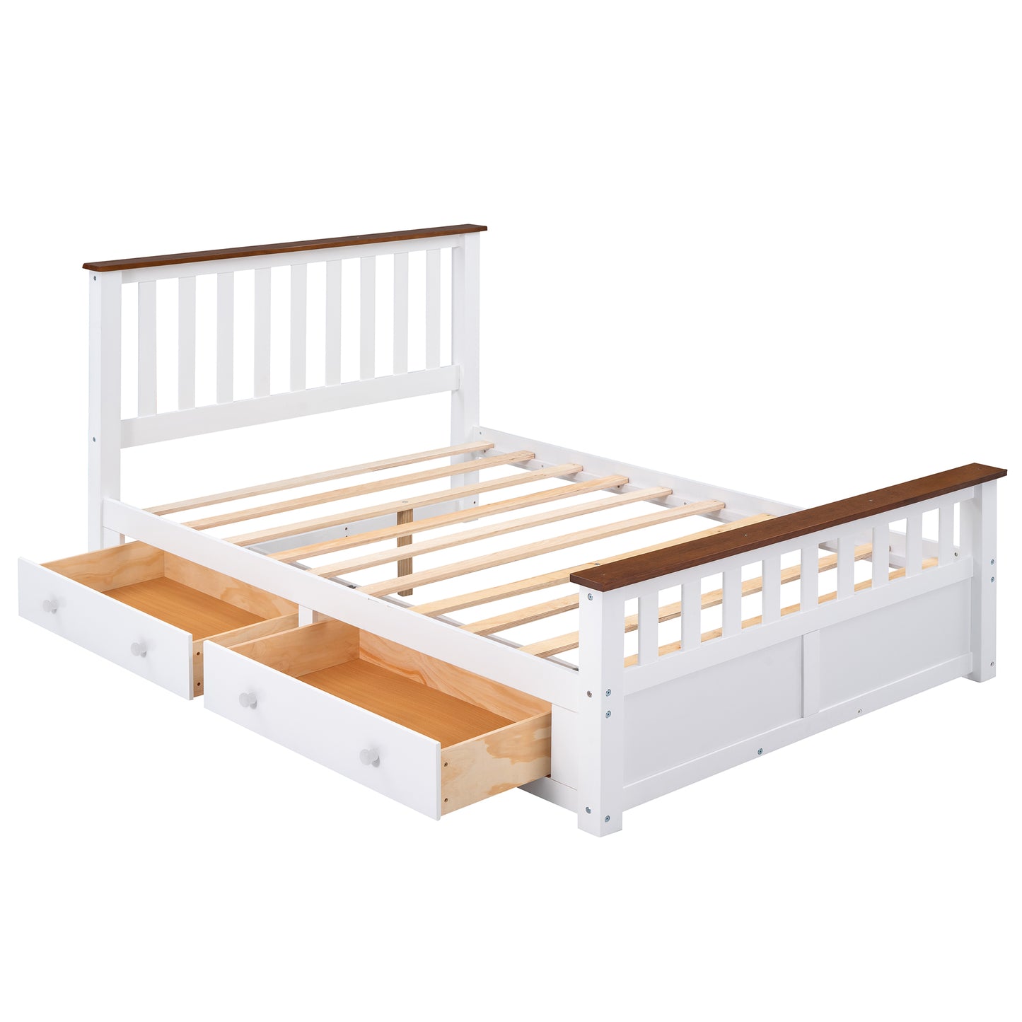 Melysen Full Size Wood Platform Bed with Two Drawers and Wooden Slat Support,White+walnut