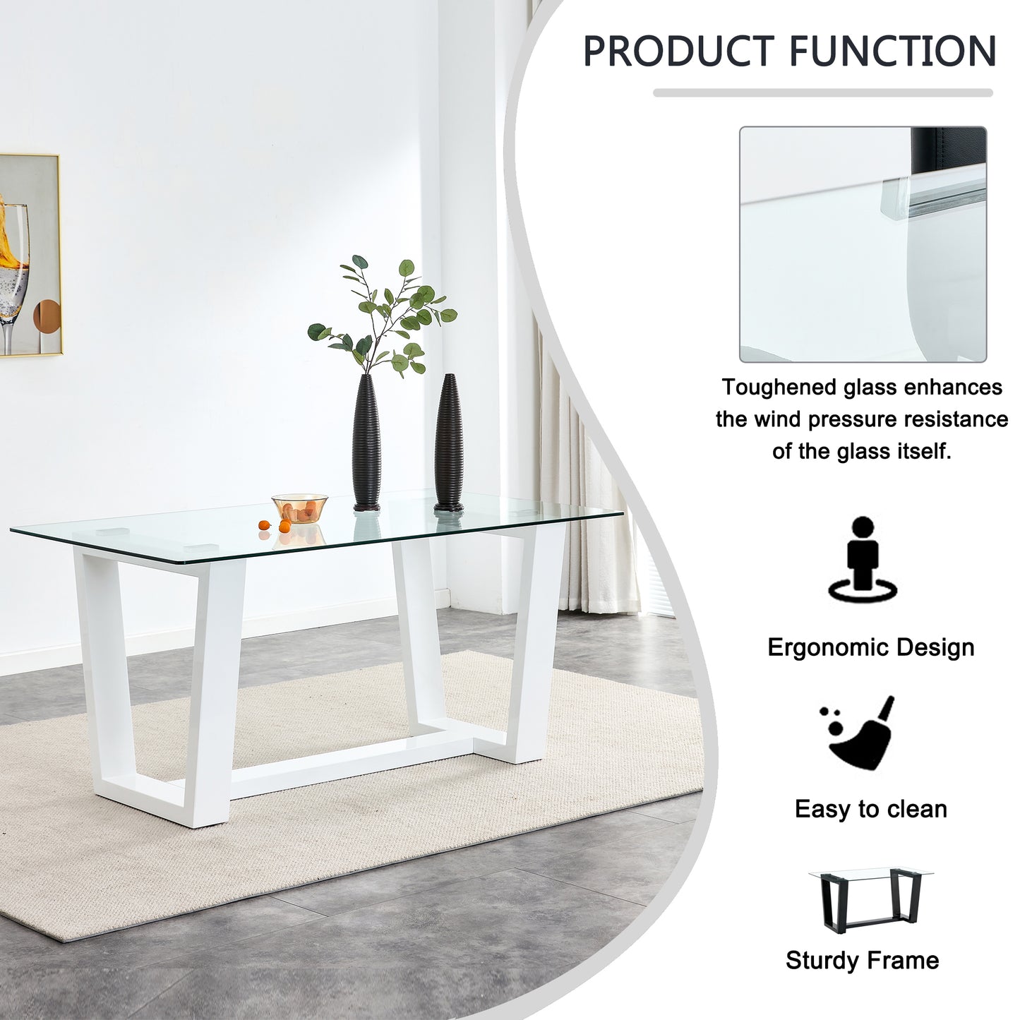 Melysen Table and Chair Set, Rectangular Dining Table, Equipped with 0.4"Tempered Glass Tabletop and White Mdf Trapezoidal Support, Paired with Lattice Armless High Back Dining Chairs (1 Table+6 Chairs)