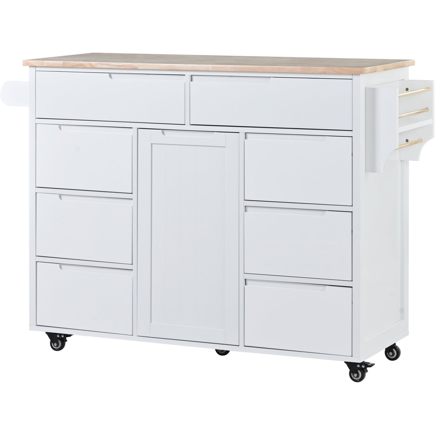 Melysen Kitchen Cart with Rubber Wood Countertop , Kitchen Island has 8 Handle-Free Drawers Including a Flatware Organizer and 5 Wheels for Kitchen Dinning Room, White