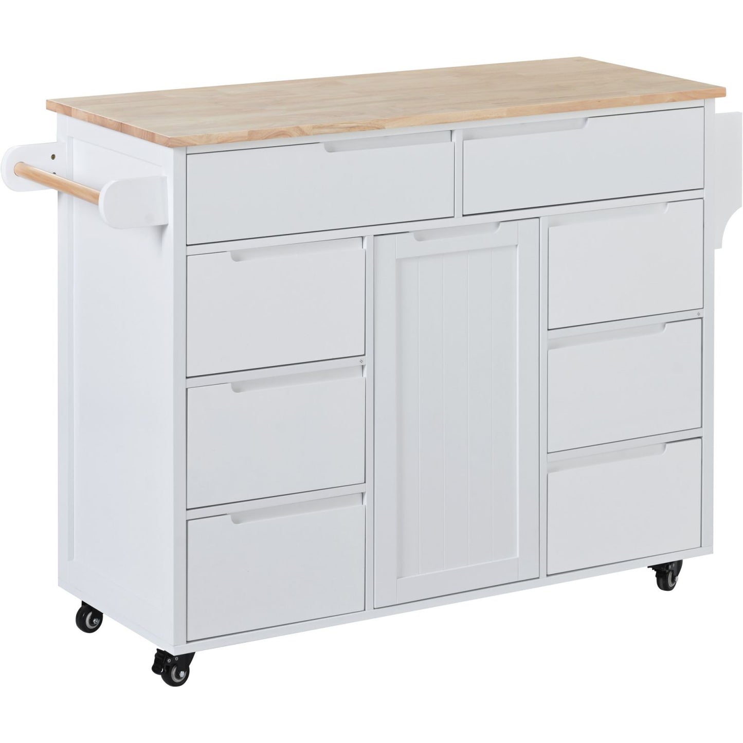 Melysen Kitchen Cart with Rubber Wood Countertop , Kitchen Island has 8 Handle-Free Drawers Including a Flatware Organizer and 5 Wheels for Kitchen Dinning Room, White