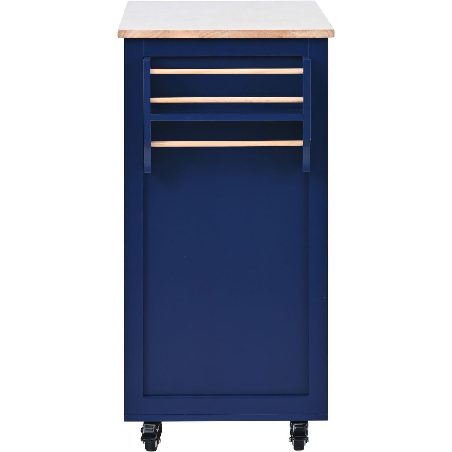 Melysen Kitchen Cart with Rubber Wood Countertop , Kitchen Island has 8 Handle-Free Drawers Including a Flatware Organizer and 5 Wheels for Kitchen Dinning Room, Dark Blue