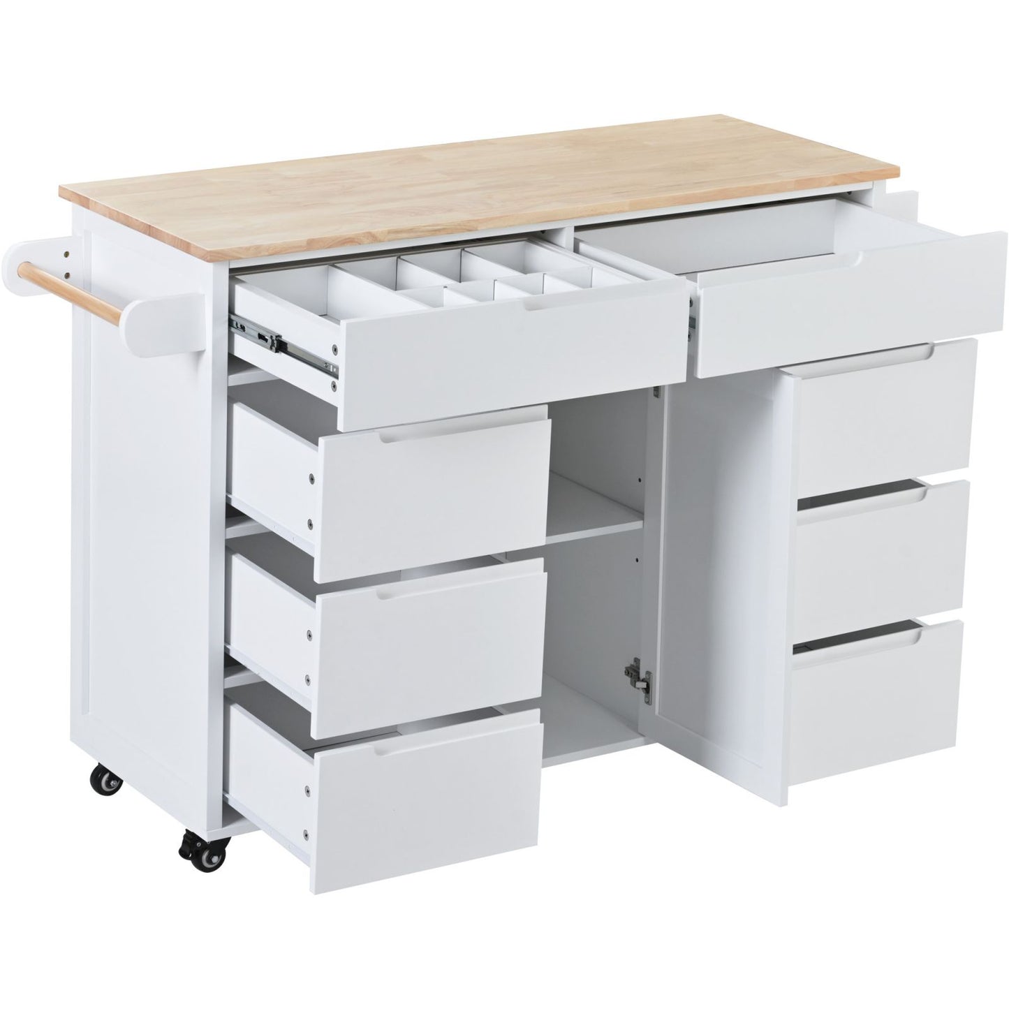 Melysen Kitchen Cart with Rubber Wood Countertop , Kitchen Island has 8 Handle-Free Drawers Including a Flatware Organizer and 5 Wheels for Kitchen Dinning Room, White