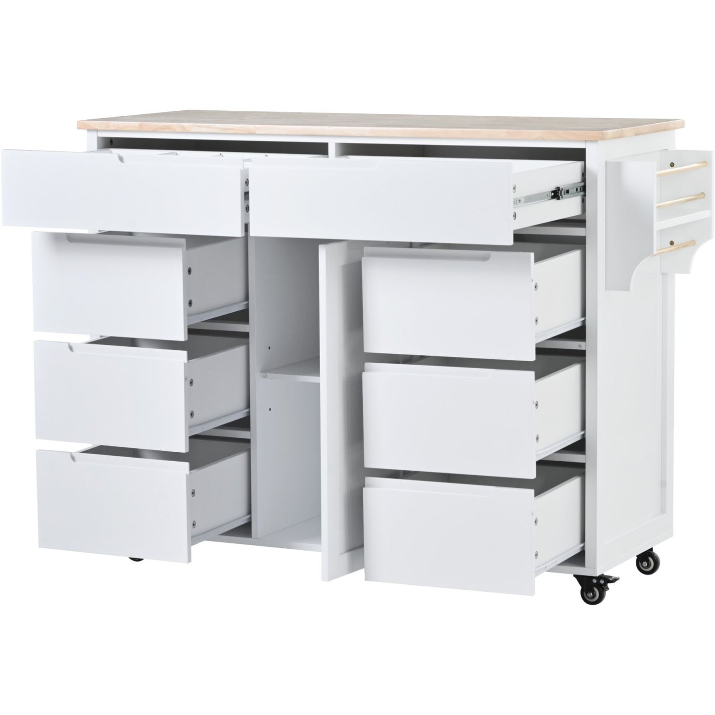 Melysen Kitchen Cart with Rubber Wood Countertop , Kitchen Island has 8 Handle-Free Drawers Including a Flatware Organizer and 5 Wheels for Kitchen Dinning Room, White