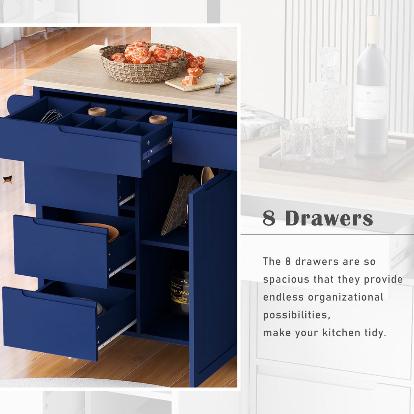 Melysen Kitchen Cart with Rubber Wood Countertop , Kitchen Island has 8 Handle-Free Drawers Including a Flatware Organizer and 5 Wheels for Kitchen Dinning Room, Dark Blue