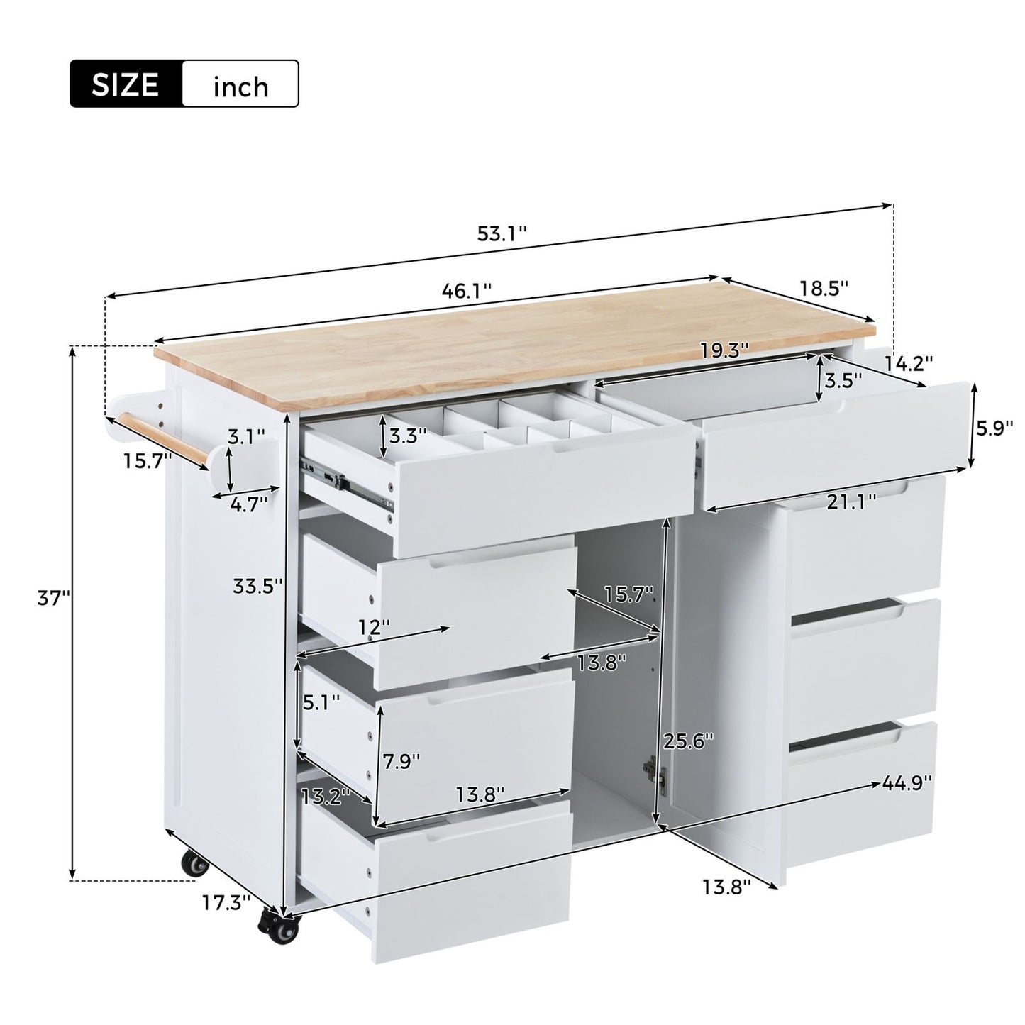 Melysen Kitchen Cart with Rubber Wood Countertop , Kitchen Island has 8 Handle-Free Drawers Including a Flatware Organizer and 5 Wheels for Kitchen Dinning Room, White