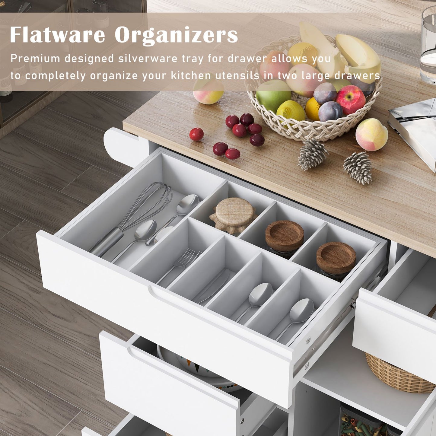 Melysen Kitchen Cart with Rubber Wood Countertop , Kitchen Island has 8 Handle-Free Drawers Including a Flatware Organizer and 5 Wheels for Kitchen Dinning Room, White