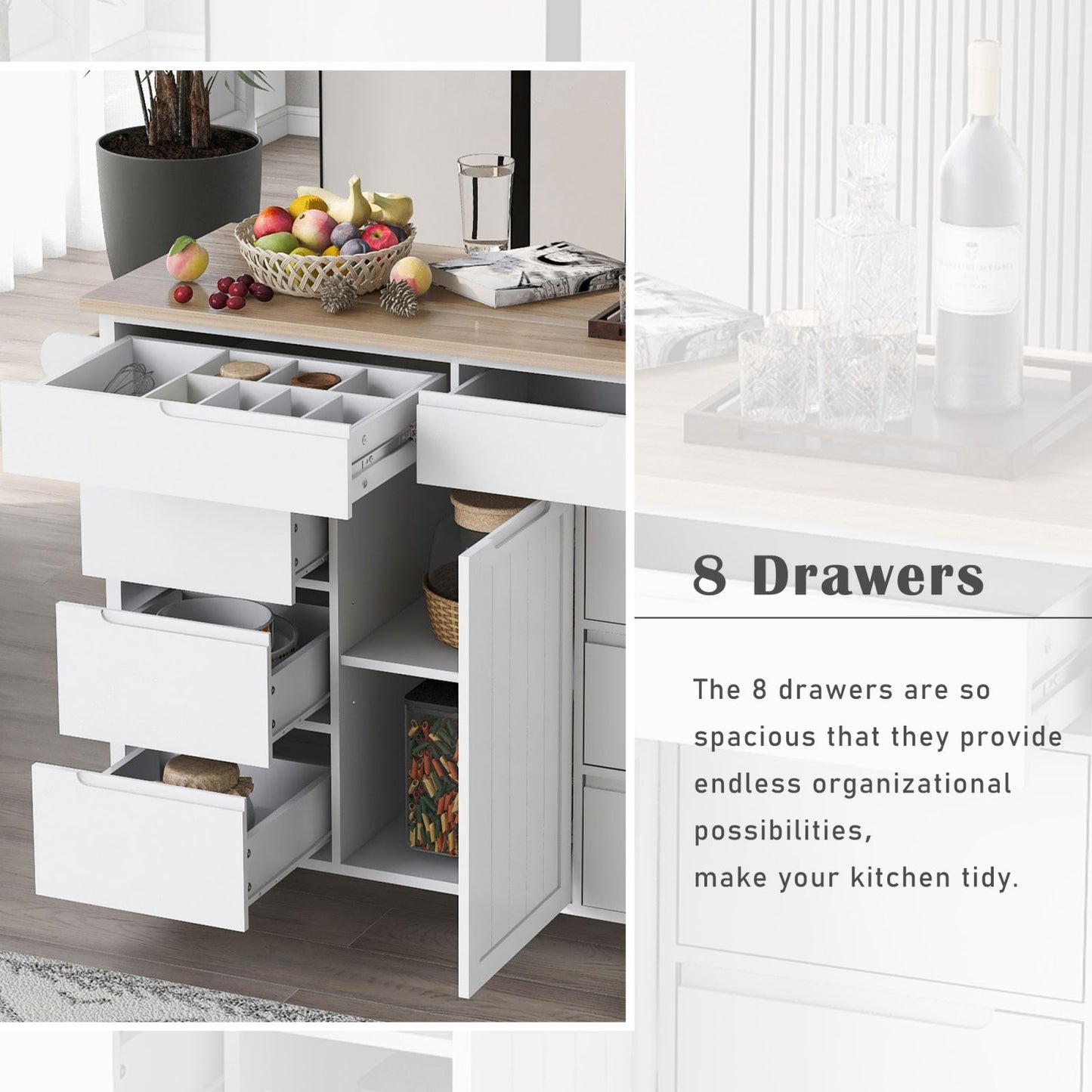 Melysen Kitchen Cart with Rubber Wood Countertop , Kitchen Island has 8 Handle-Free Drawers Including a Flatware Organizer and 5 Wheels for Kitchen Dinning Room, White