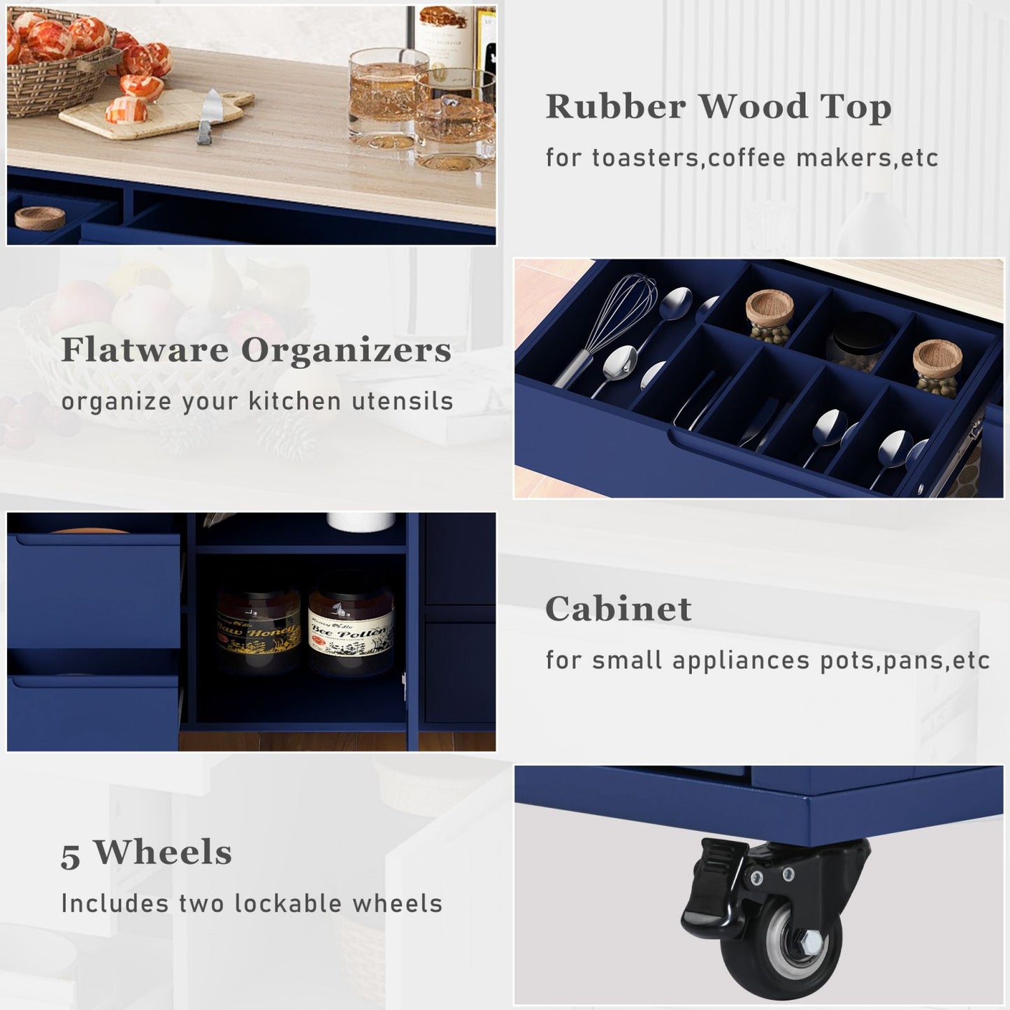 Melysen Kitchen Cart with Rubber Wood Countertop , Kitchen Island has 8 Handle-Free Drawers Including a Flatware Organizer and 5 Wheels for Kitchen Dinning Room, Dark Blue