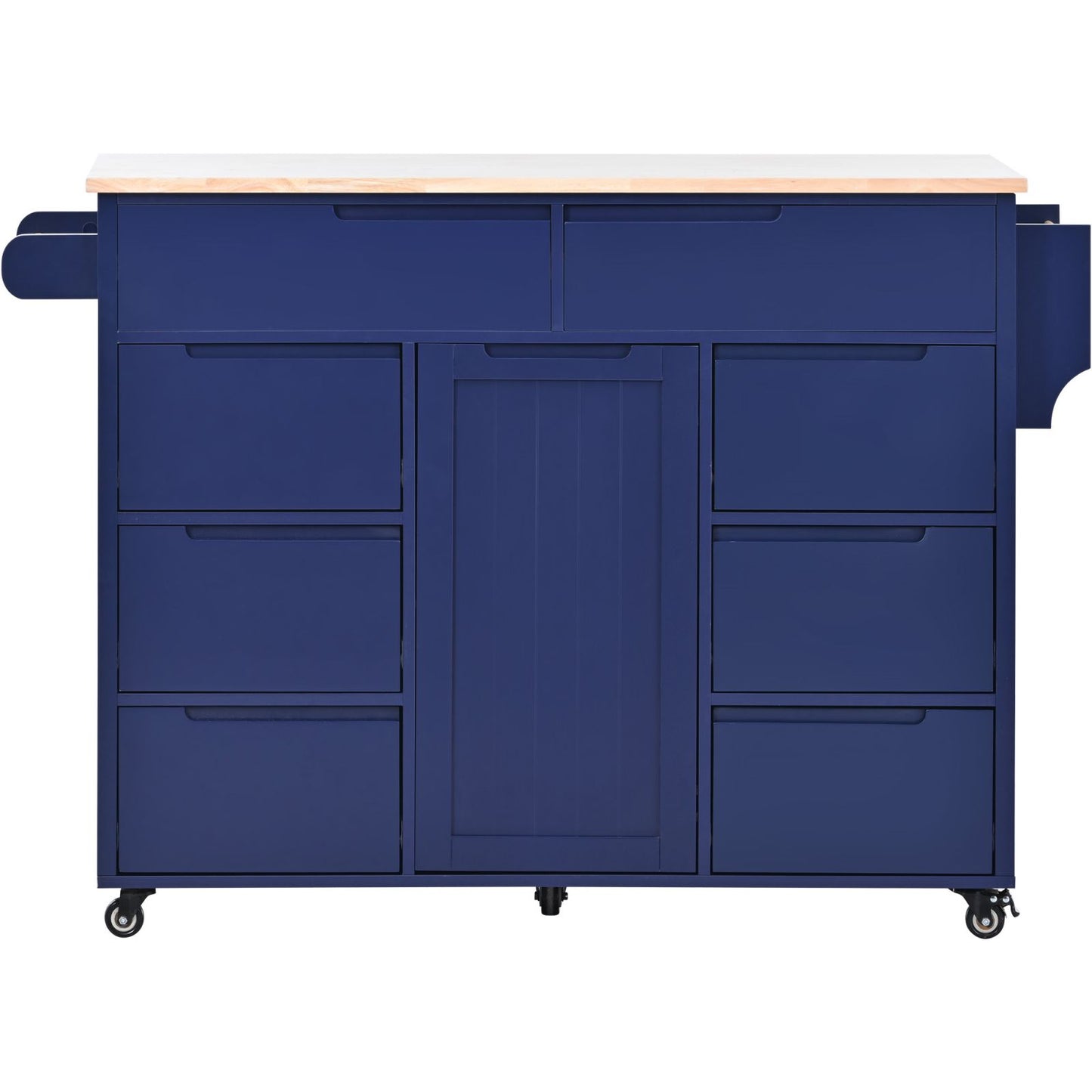 Melysen Kitchen Cart with Rubber Wood Countertop , Kitchen Island has 8 Handle-Free Drawers Including a Flatware Organizer and 5 Wheels for Kitchen Dinning Room, Dark Blue