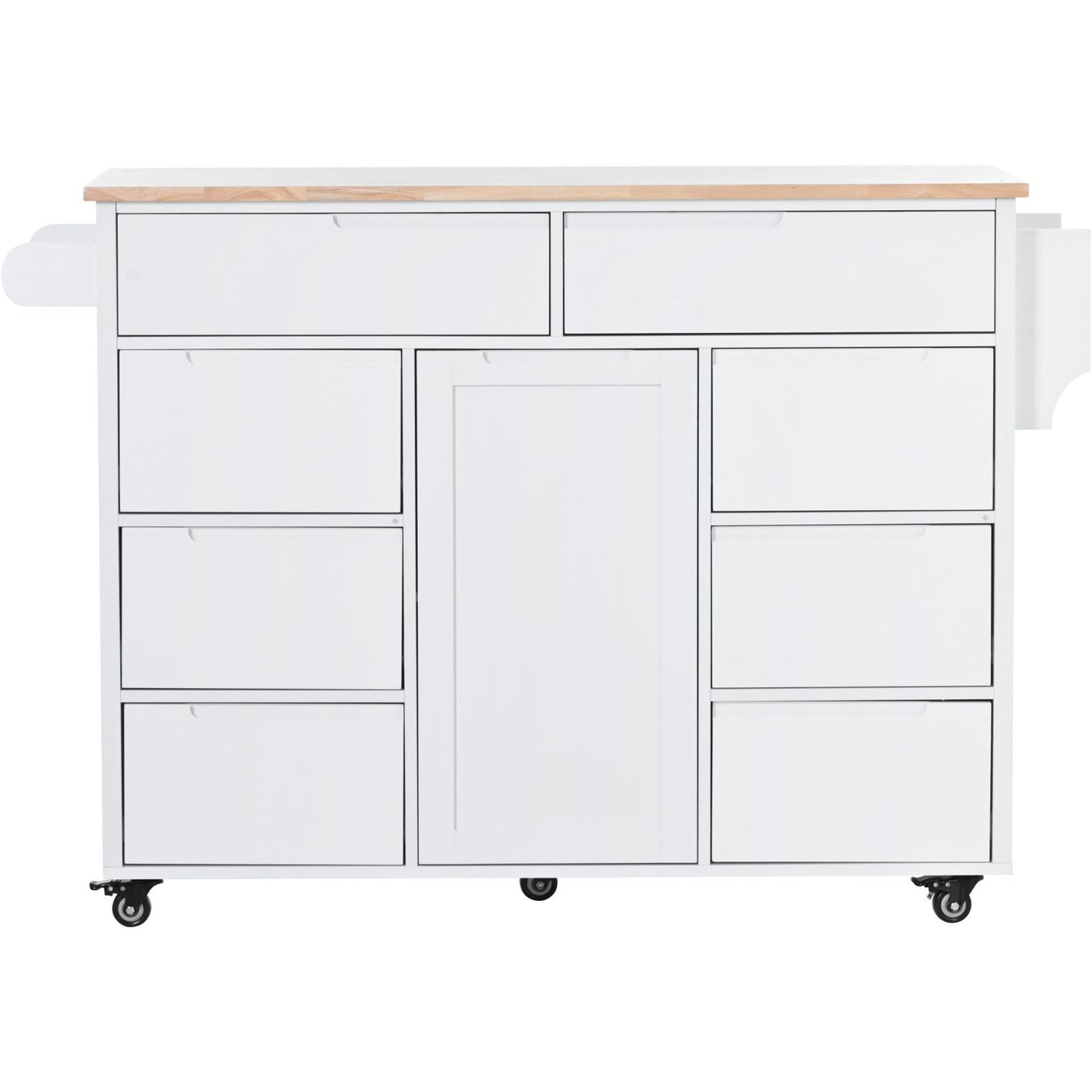 Melysen Kitchen Cart with Rubber Wood Countertop , Kitchen Island has 8 Handle-Free Drawers Including a Flatware Organizer and 5 Wheels for Kitchen Dinning Room, White