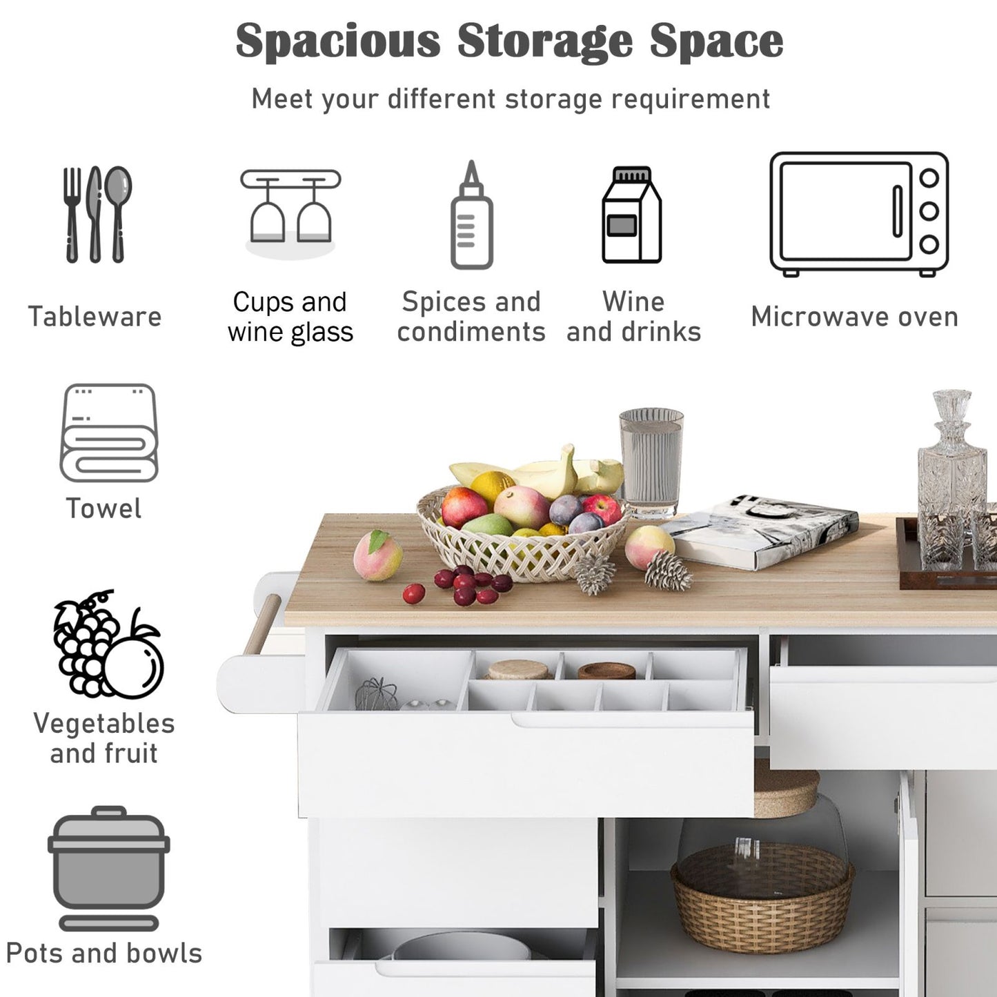 Melysen Kitchen Cart with Rubber Wood Countertop , Kitchen Island has 8 Handle-Free Drawers Including a Flatware Organizer and 5 Wheels for Kitchen Dinning Room, White