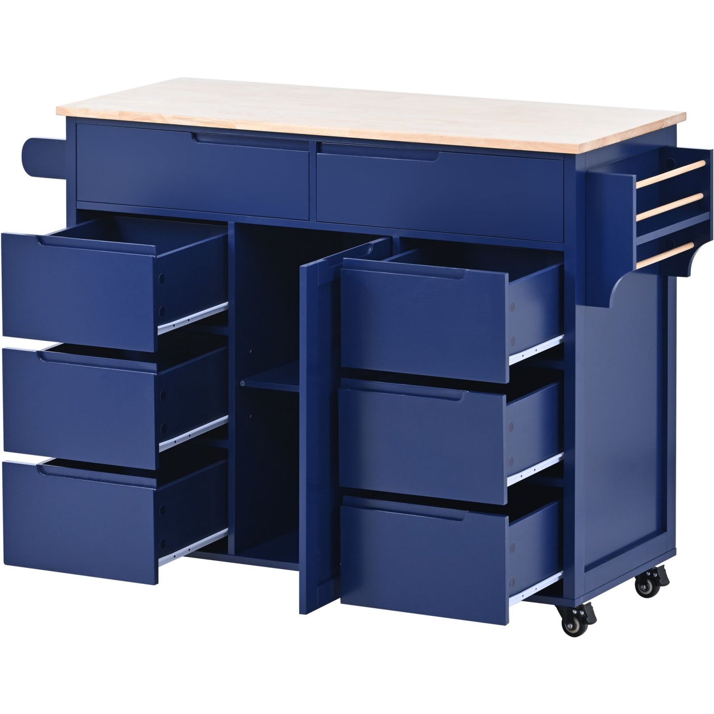 Melysen Kitchen Cart with Rubber Wood Countertop , Kitchen Island has 8 Handle-Free Drawers Including a Flatware Organizer and 5 Wheels for Kitchen Dinning Room, Dark Blue