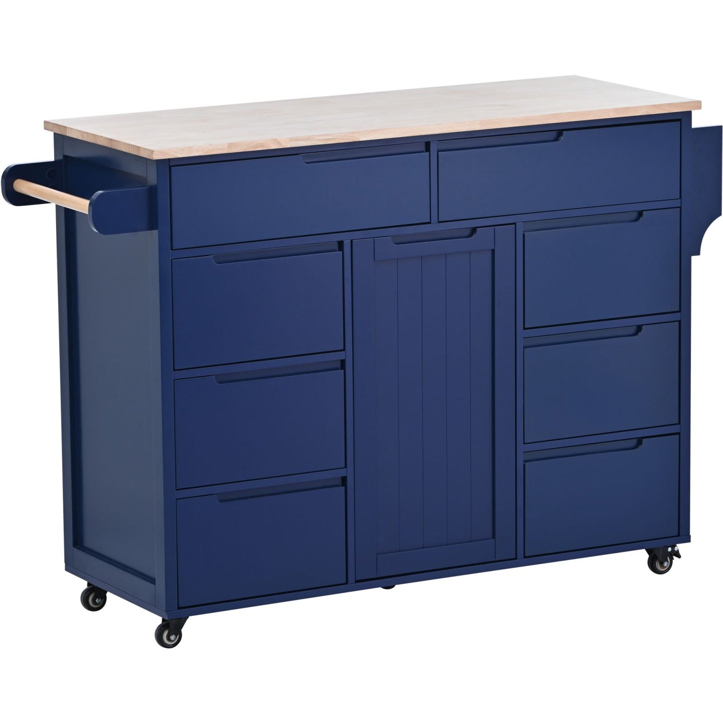 Melysen Kitchen Cart with Rubber Wood Countertop , Kitchen Island has 8 Handle-Free Drawers Including a Flatware Organizer and 5 Wheels for Kitchen Dinning Room, Dark Blue