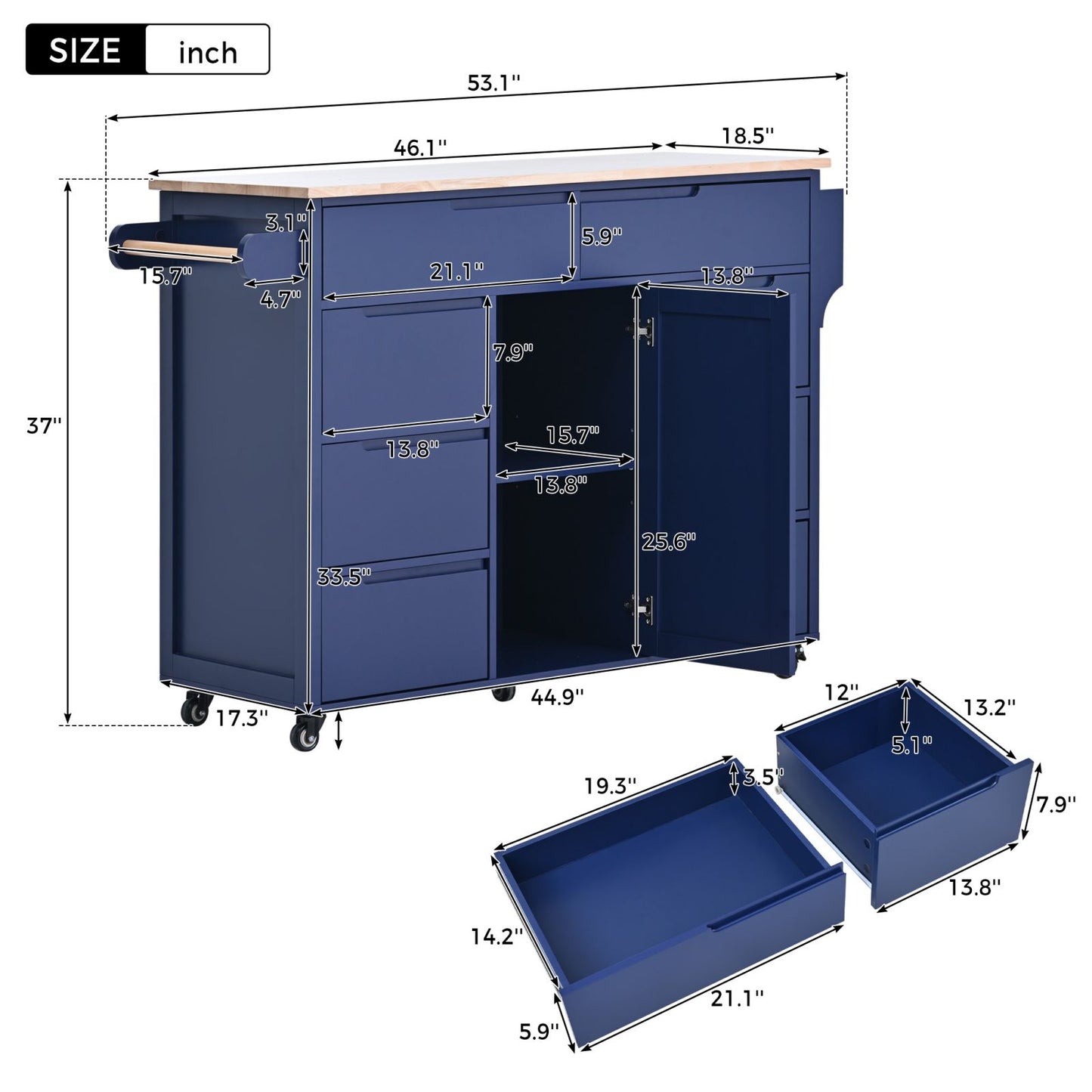 Melysen Kitchen Cart with Rubber Wood Countertop , Kitchen Island has 8 Handle-Free Drawers Including a Flatware Organizer and 5 Wheels for Kitchen Dinning Room, Dark Blue